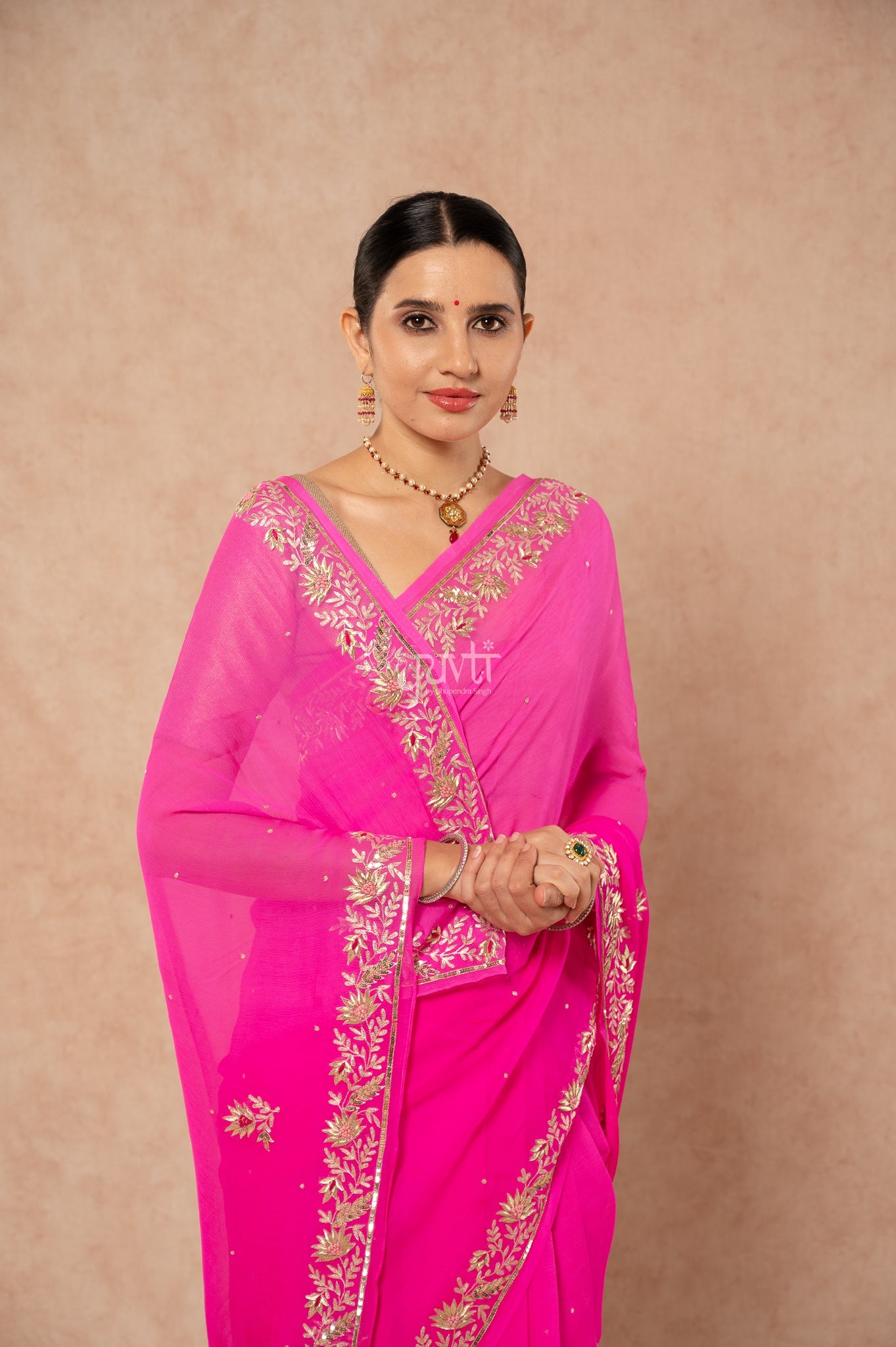 Rani Shaded Pure Chiffon Aari Sequins Zardozi Border Butti Handwork Party  Saree  with Blouse