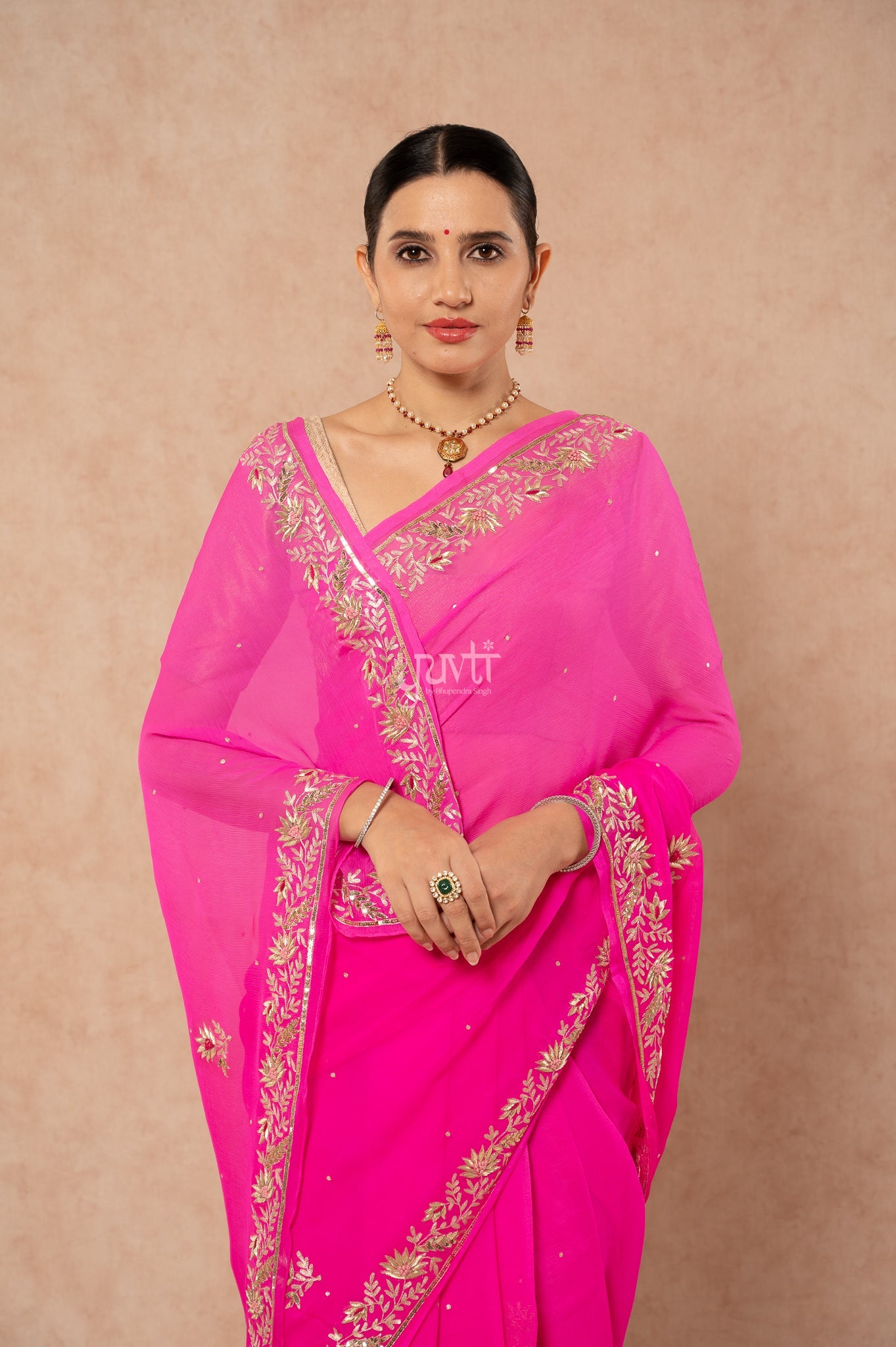 Rani Shaded Pure Chiffon Aari Sequins Zardozi Border Butti Handwork Party  Saree  with Blouse