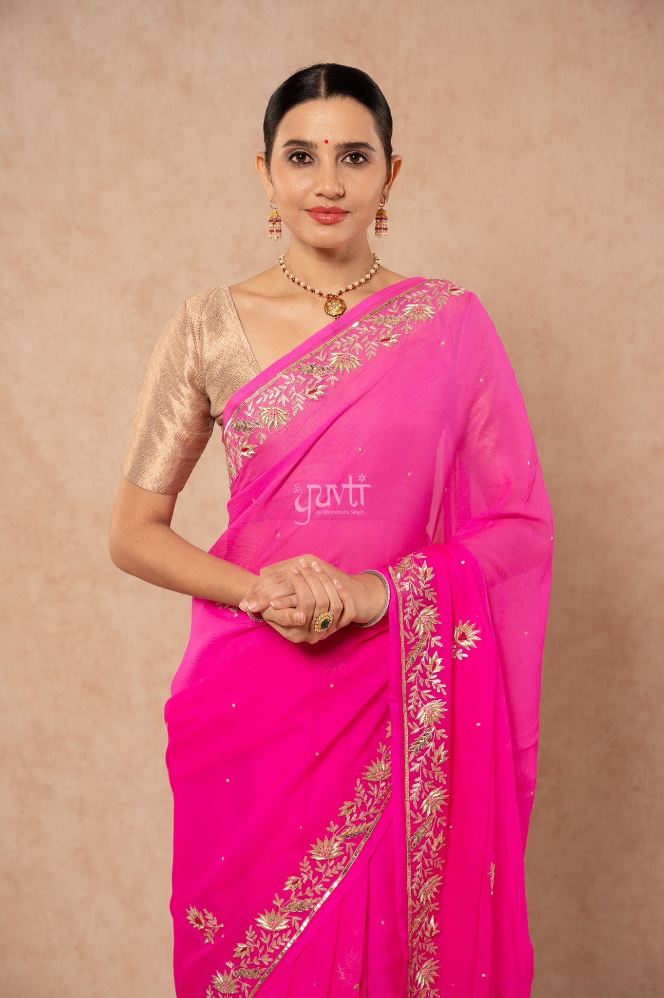 Rani Shaded Pure Chiffon Aari Sequins Zardozi Border Butti Handwork Party  Saree  with Blouse