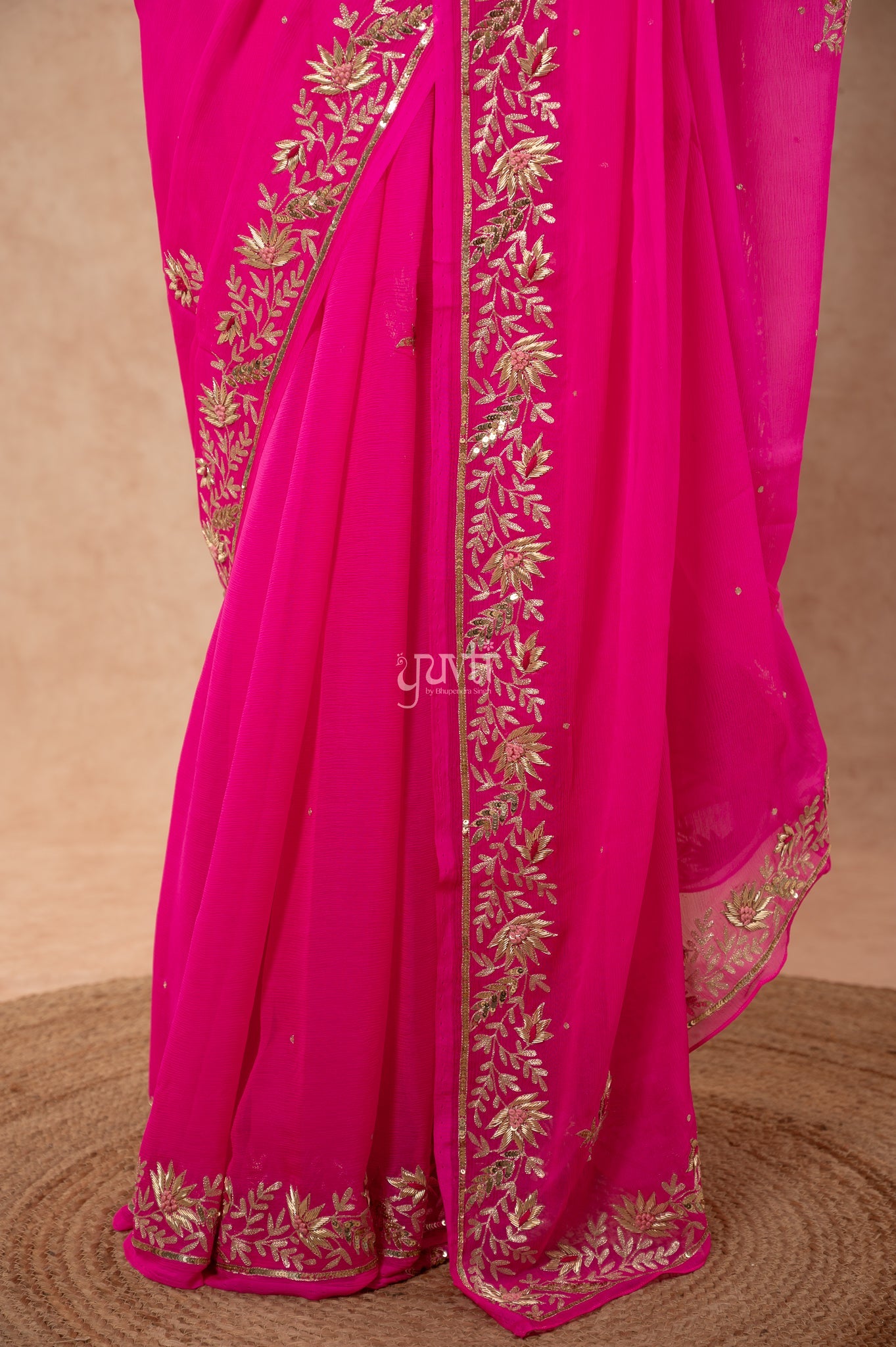 Rani Shaded Pure Chiffon Aari Sequins Zardozi Border Butti Handwork Party  Saree  with Blouse