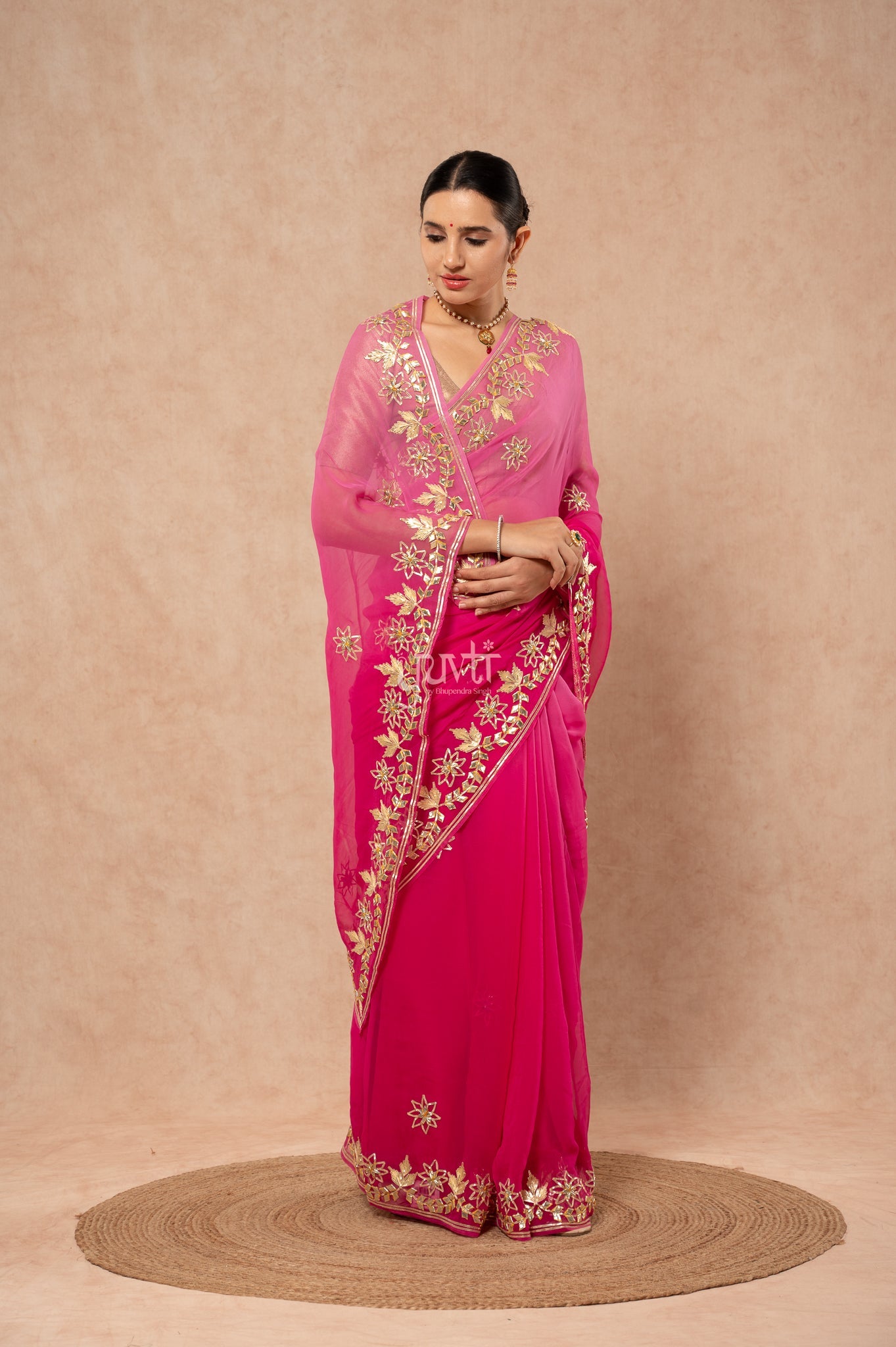 Wine Shaded Viscose Chiffon Sikhiya Gotta Patti Border Butti   Saree  with Blouse