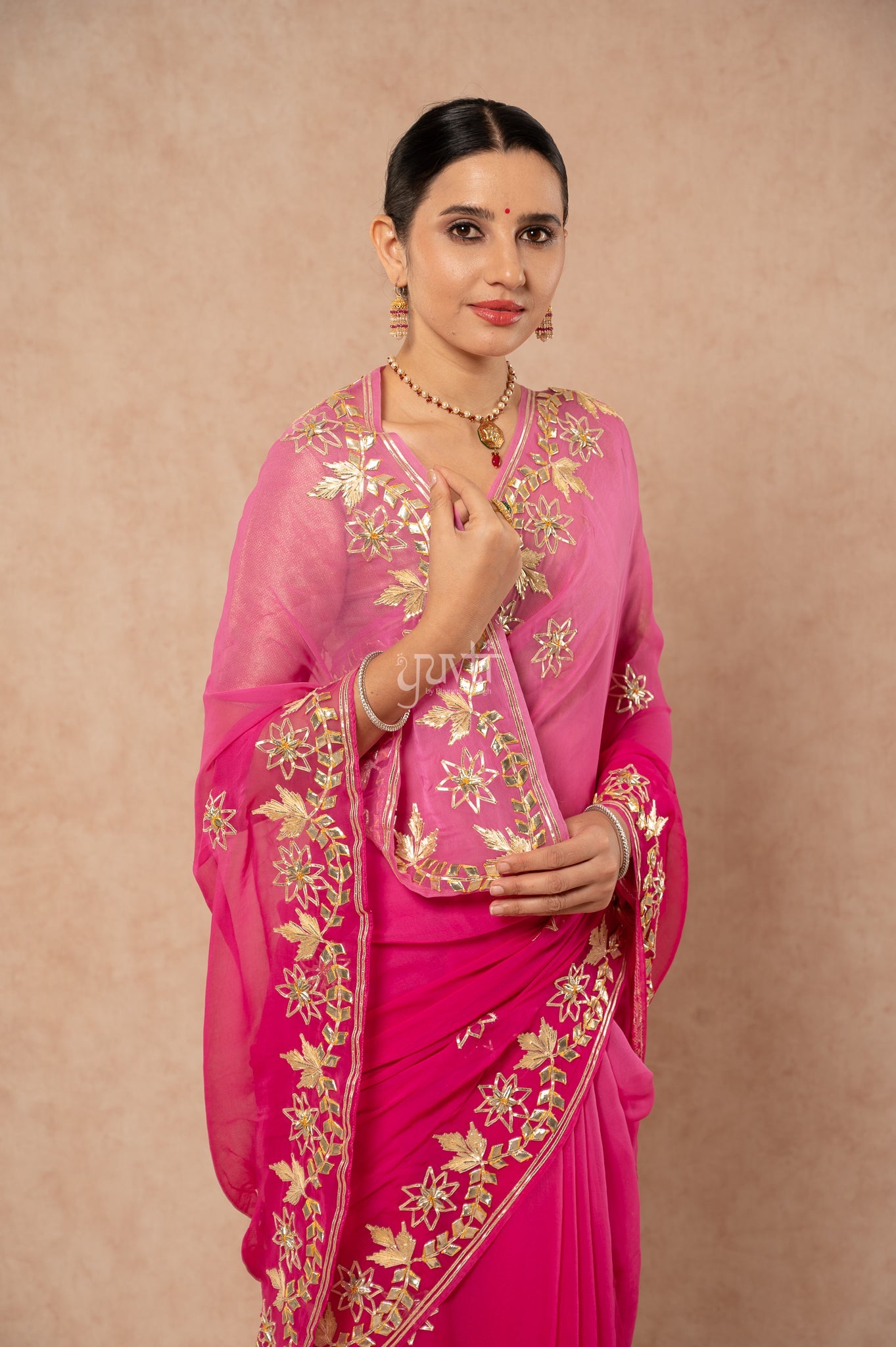 Wine Shaded Viscose Chiffon Sikhiya Gotta Patti Border Butti   Saree  with Blouse