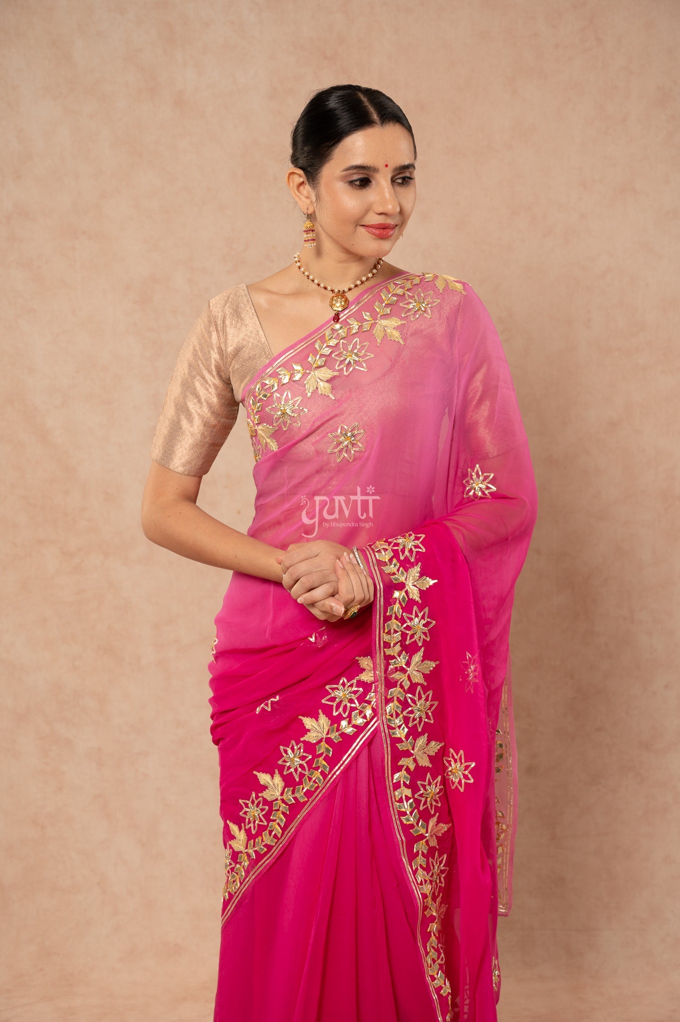 Wine Shaded Viscose Chiffon Sikhiya Gotta Patti Border Butti   Saree  with Blouse