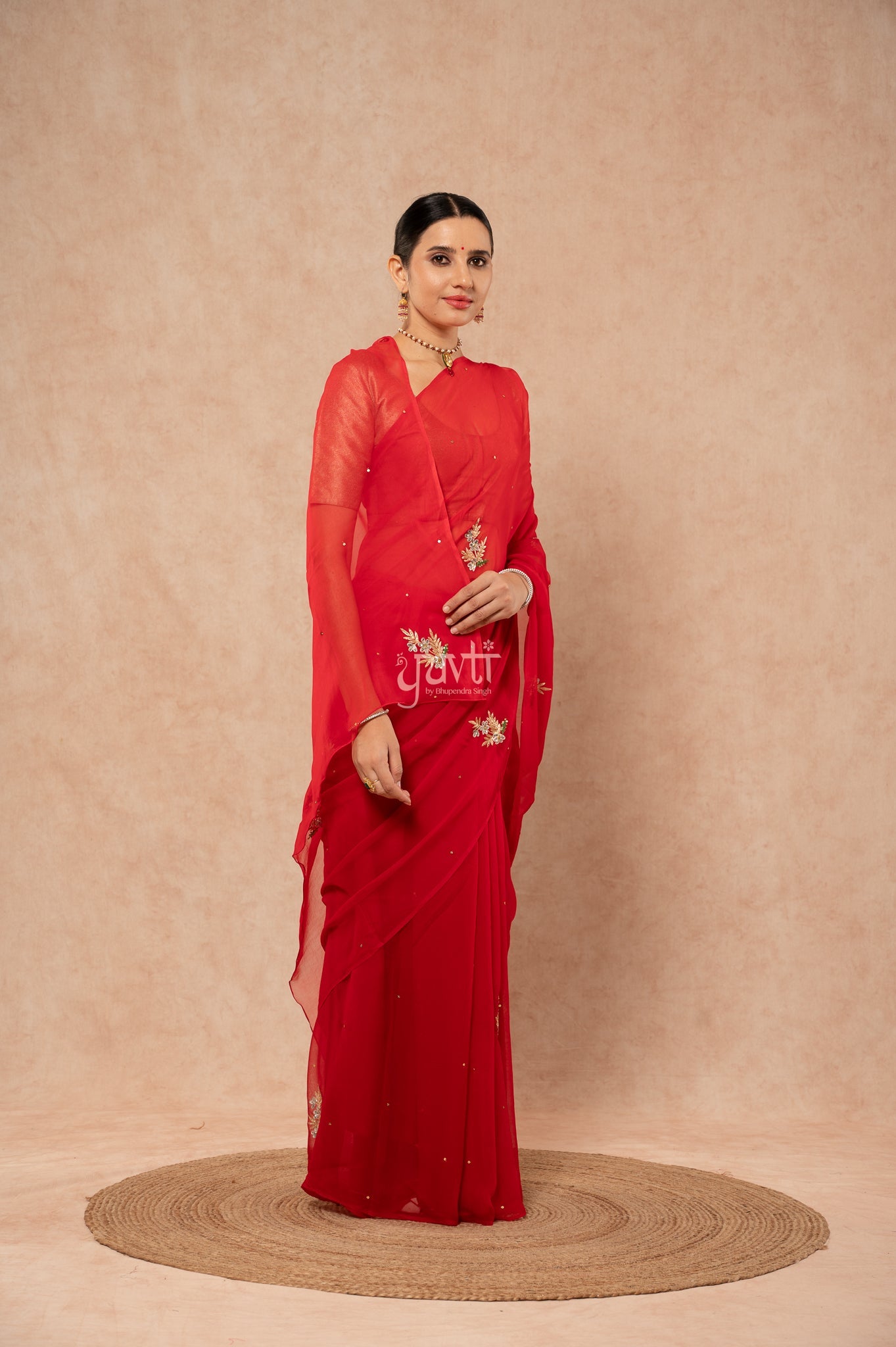 Red Shaded Viscose Chiffon Aari Sequins Resham Kardana Handwork  Saree