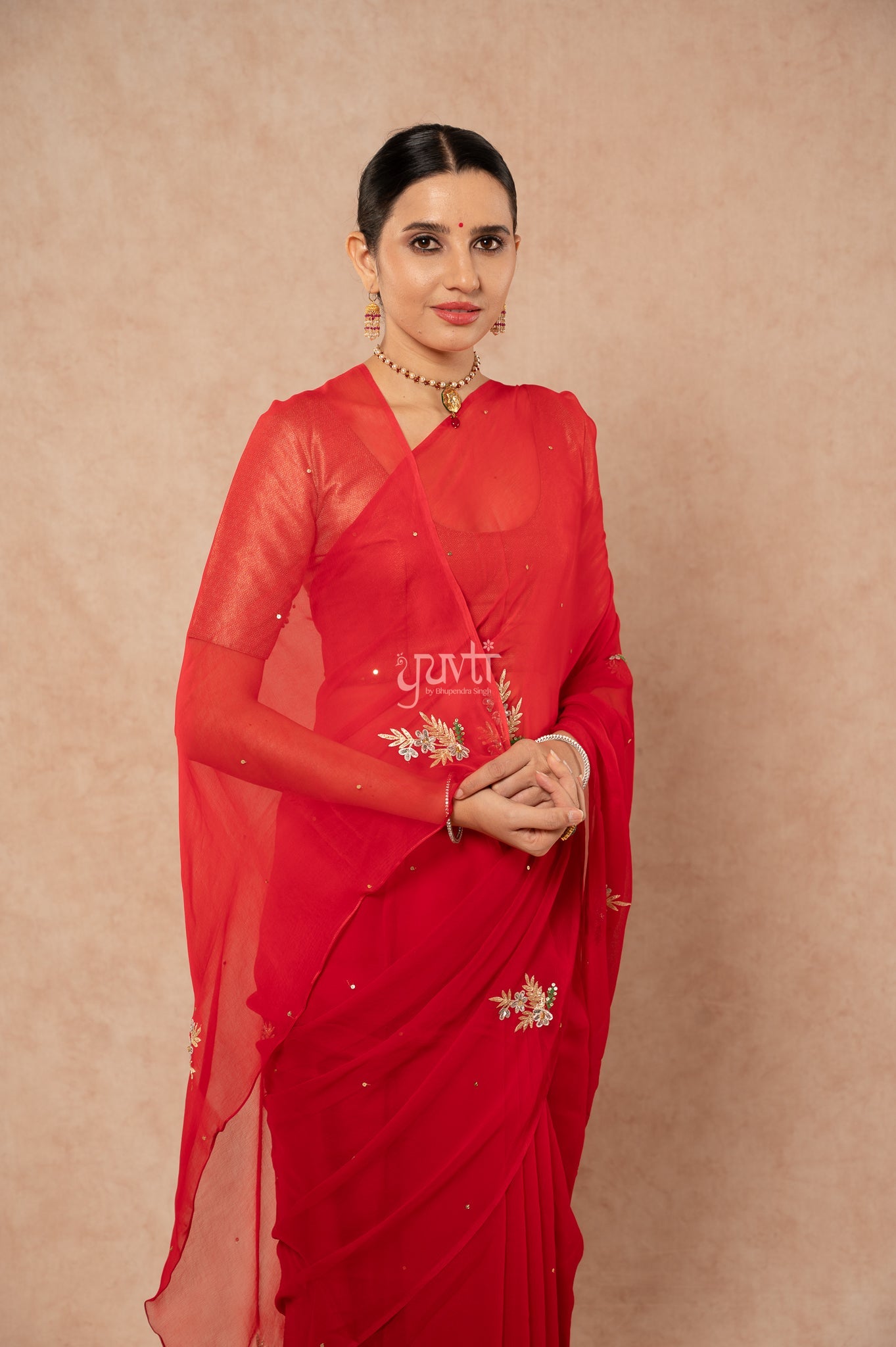 Red Shaded Viscose Chiffon Aari Sequins Resham Kardana Handwork  Saree