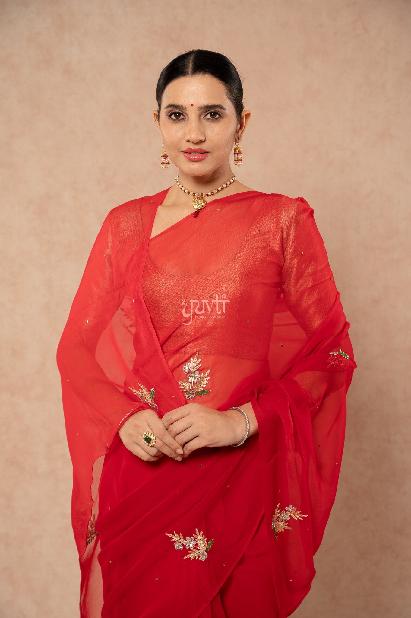 Red Shaded Viscose Chiffon Aari Sequins Resham Kardana Handwork  Saree