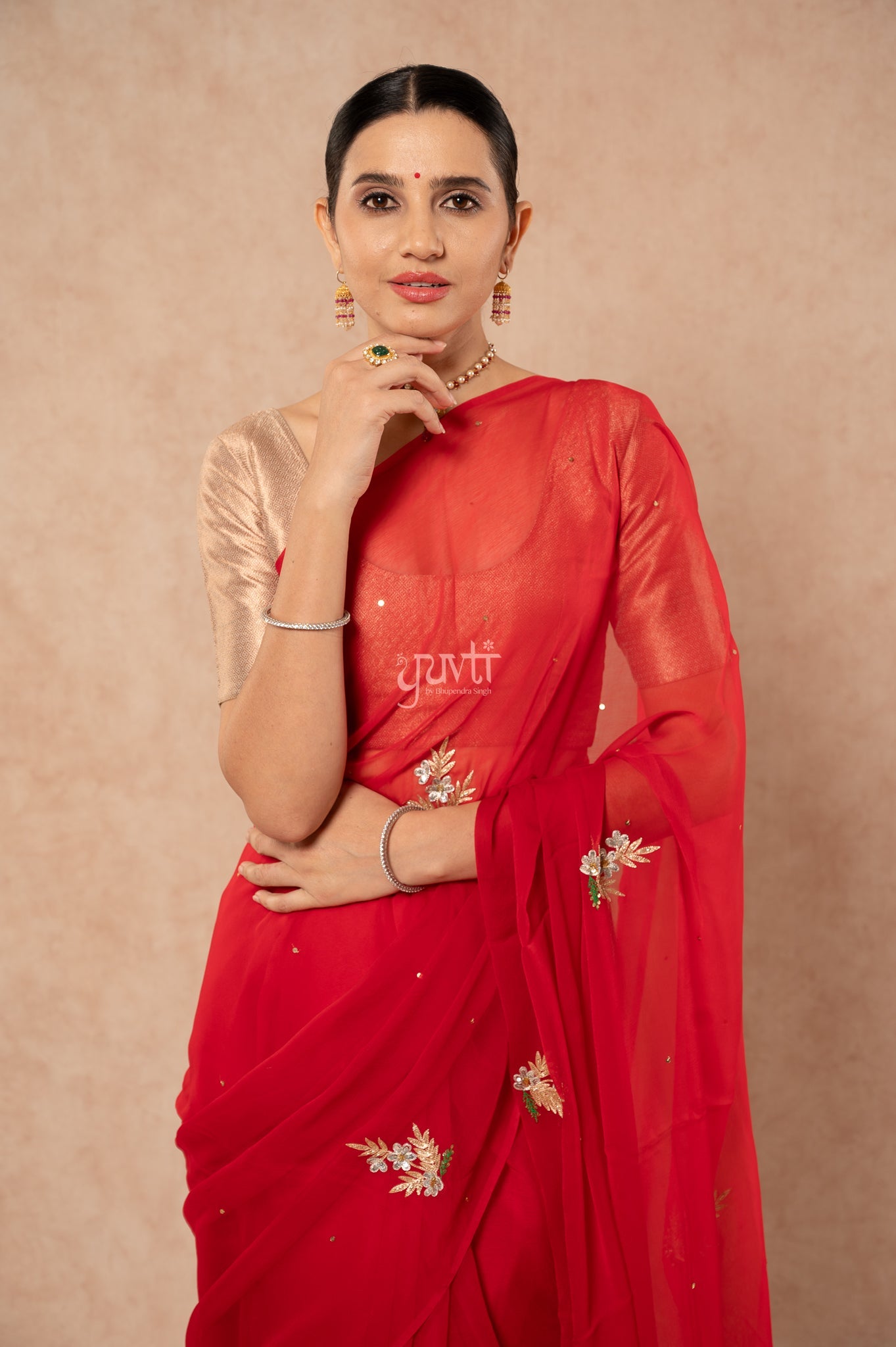 Red Shaded Viscose Chiffon Aari Sequins Resham Kardana Handwork  Saree