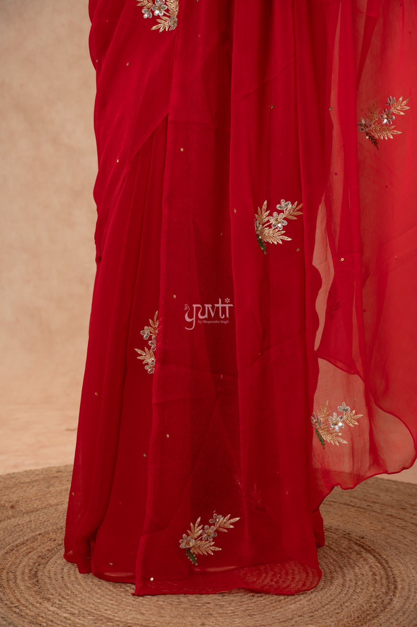 Red Shaded Viscose Chiffon Aari Sequins Resham Kardana Handwork  Saree