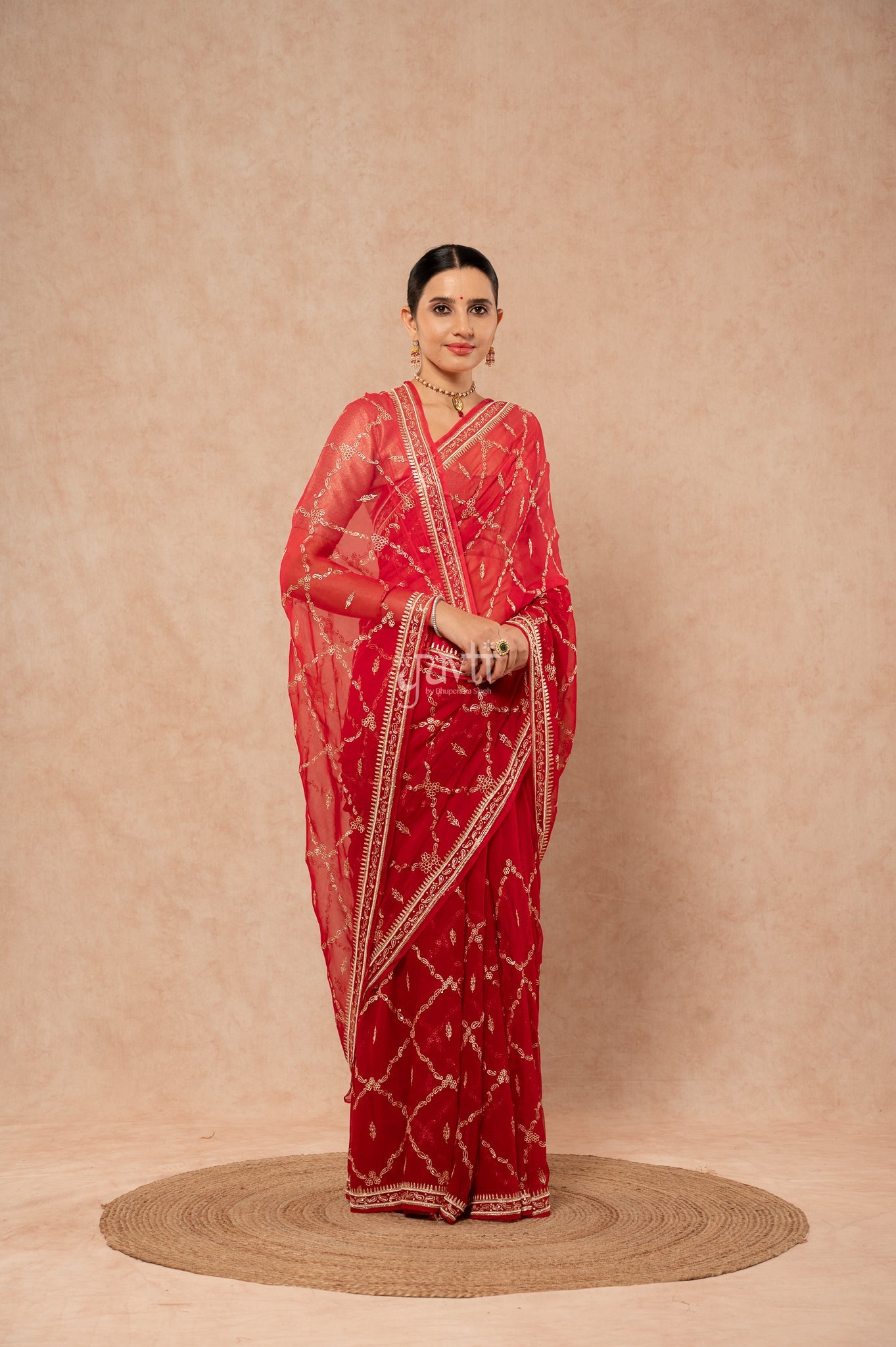 Red Viscose Chiffon Aari Border Jaal Handwork Party wear Saree  with Blouse