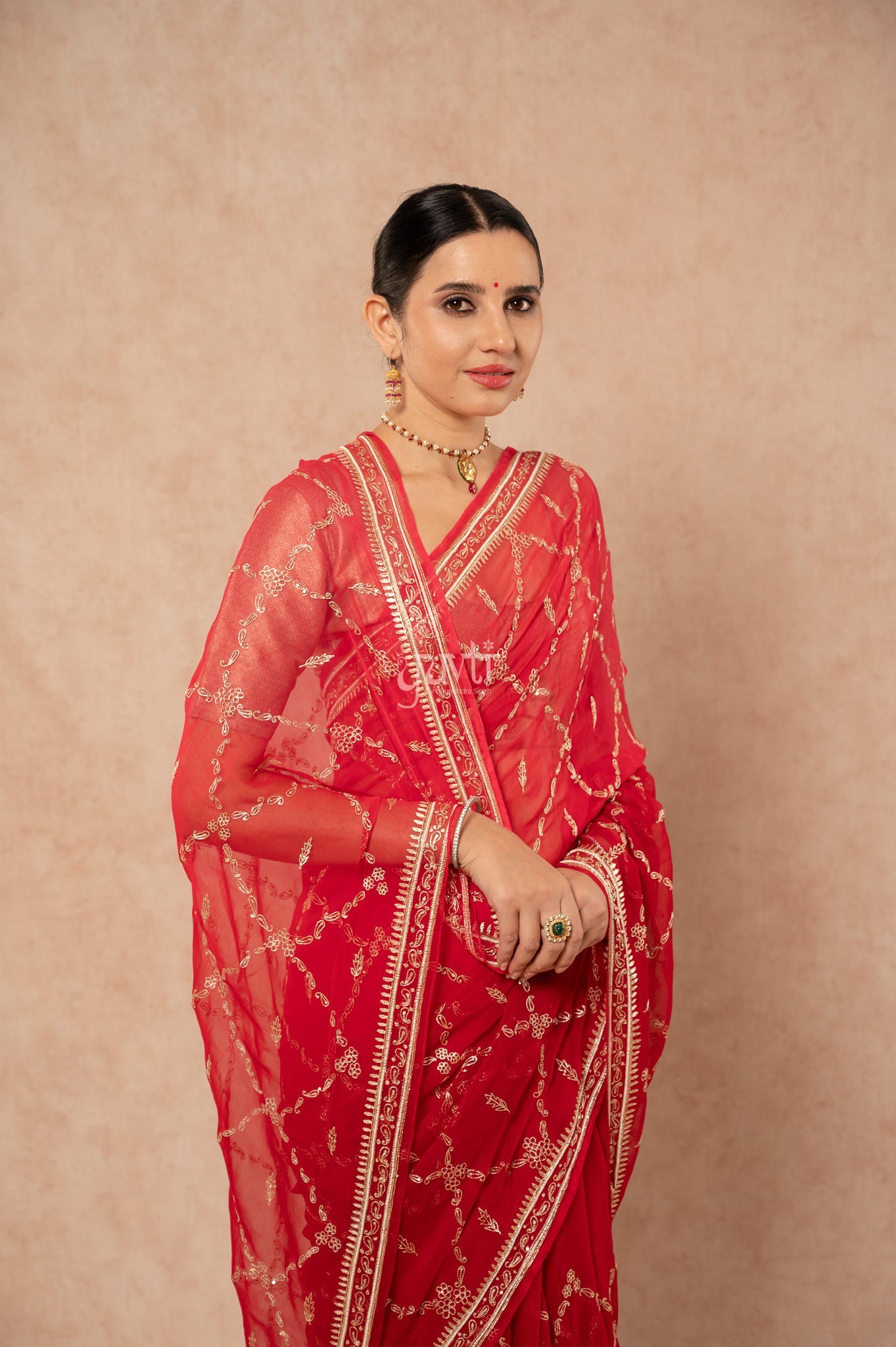 Red Viscose Chiffon Aari Border Jaal Handwork Party wear Saree  with Blouse