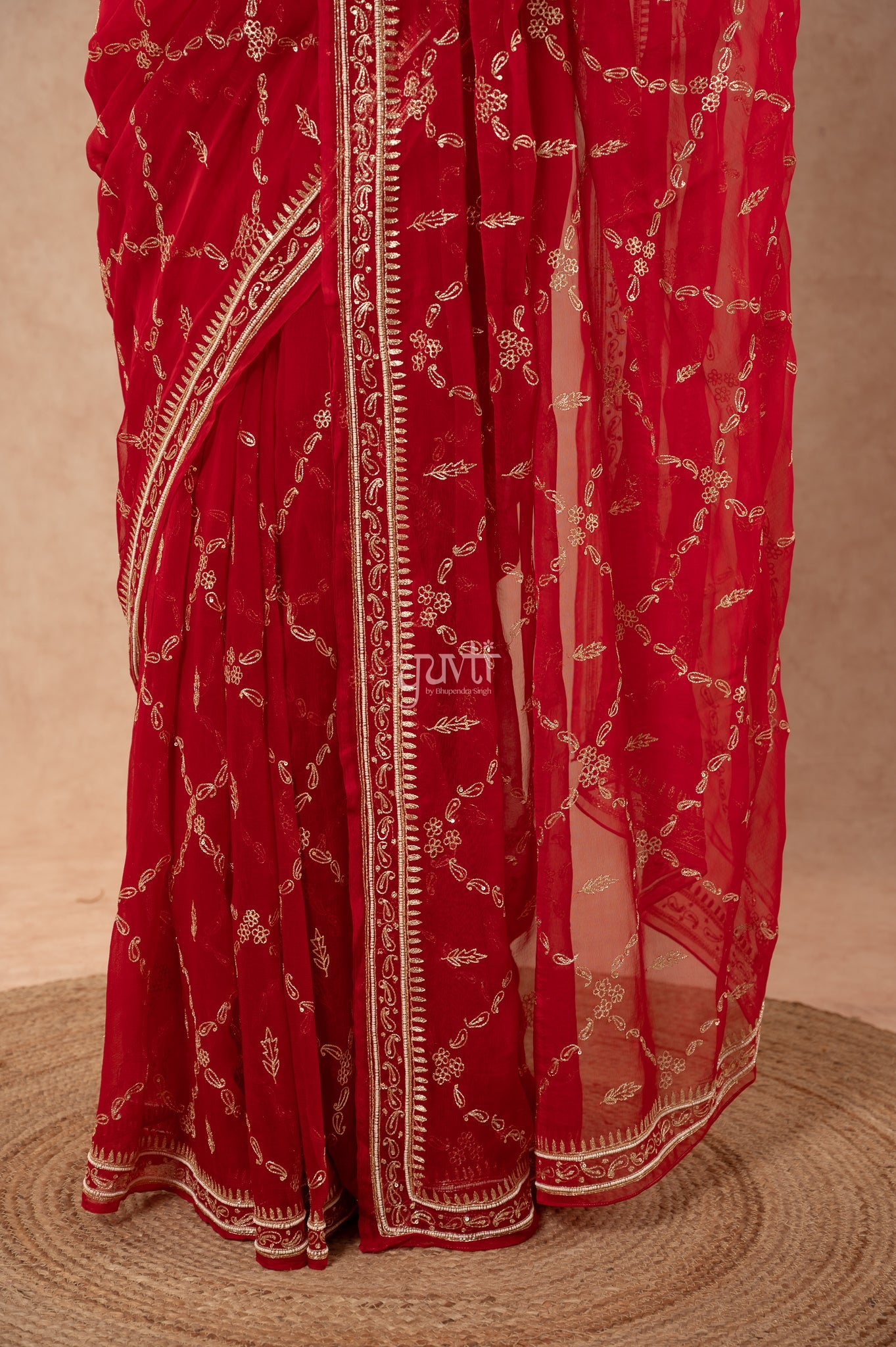 Red Viscose Chiffon Aari Border Jaal Handwork Party wear Saree  with Blouse