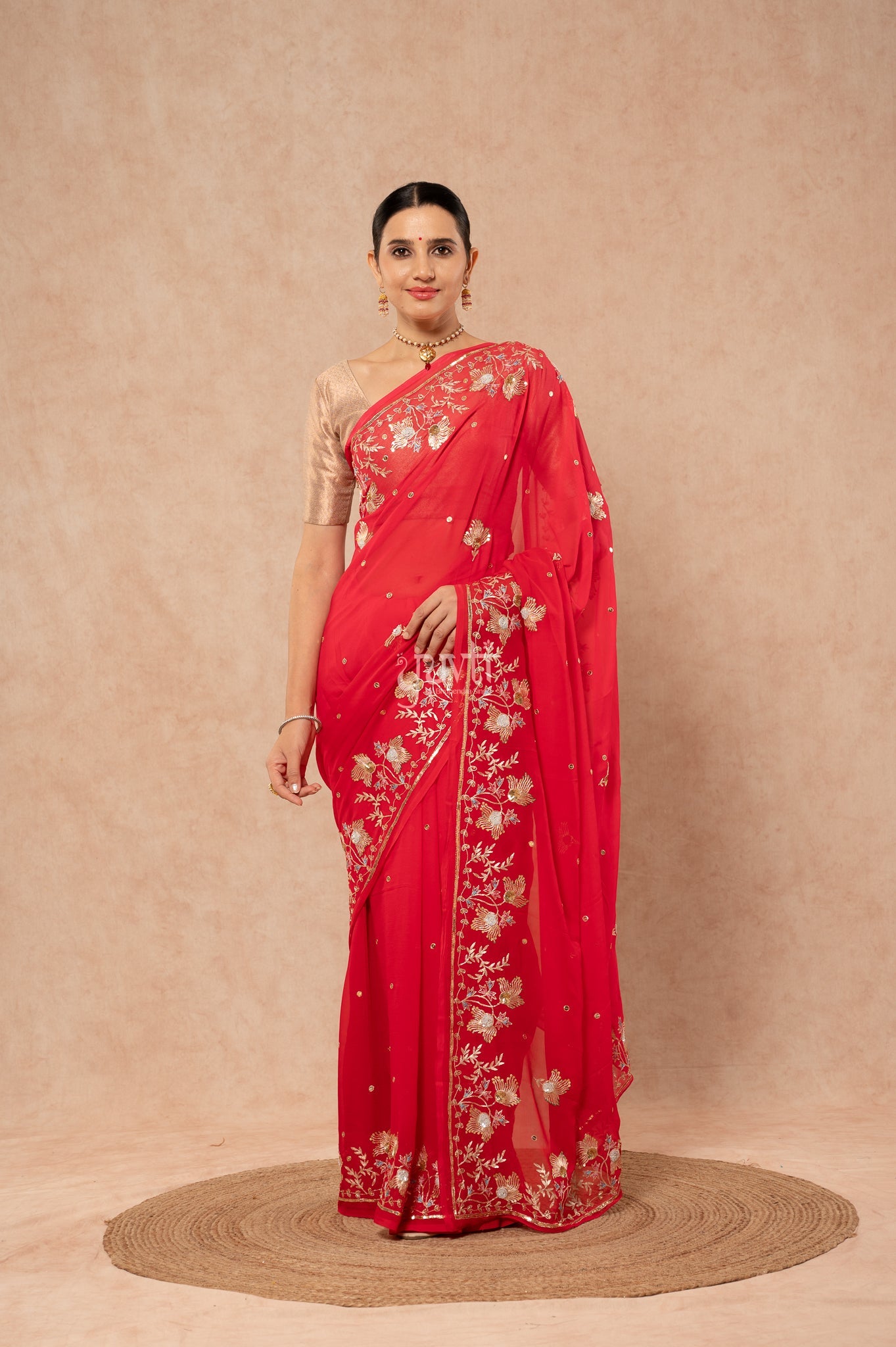 Red Shaded Pure Chiffon Aari Sequins Resham Border Butti handwork Party wear Saree  with Blouse