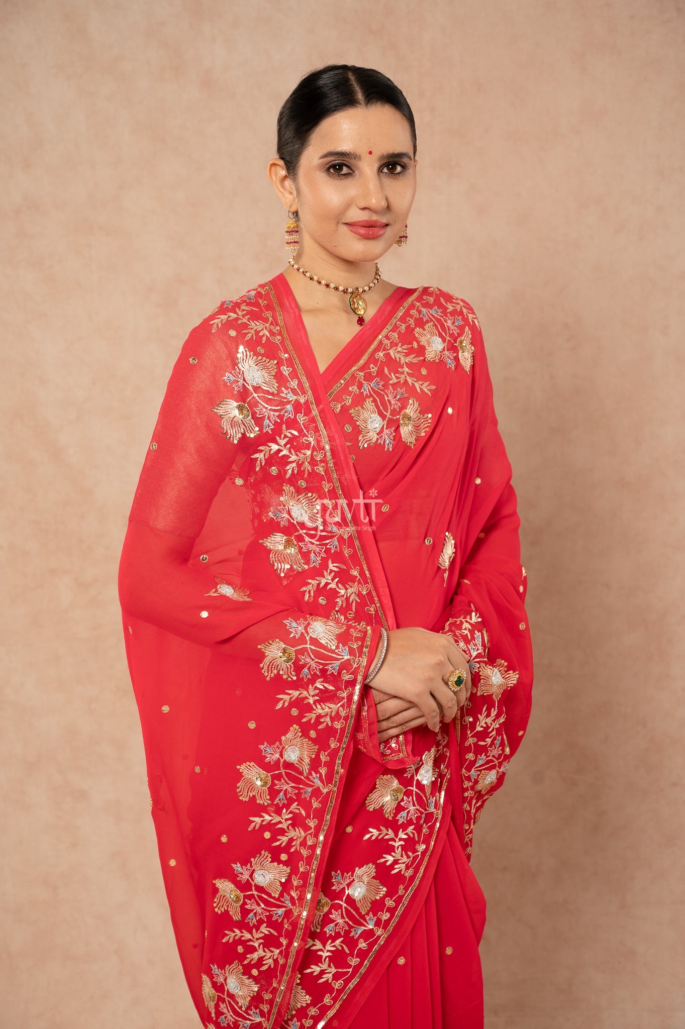 Red Shaded Pure Chiffon Aari Sequins Resham Border Butti handwork Party wear Saree  with Blouse