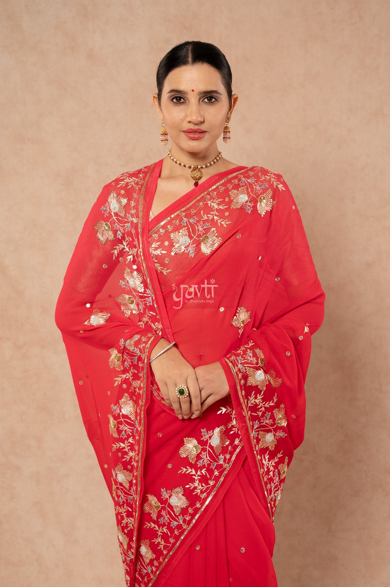 Red Shaded Pure Chiffon Aari Sequins Resham Border Butti handwork Party wear Saree  with Blouse