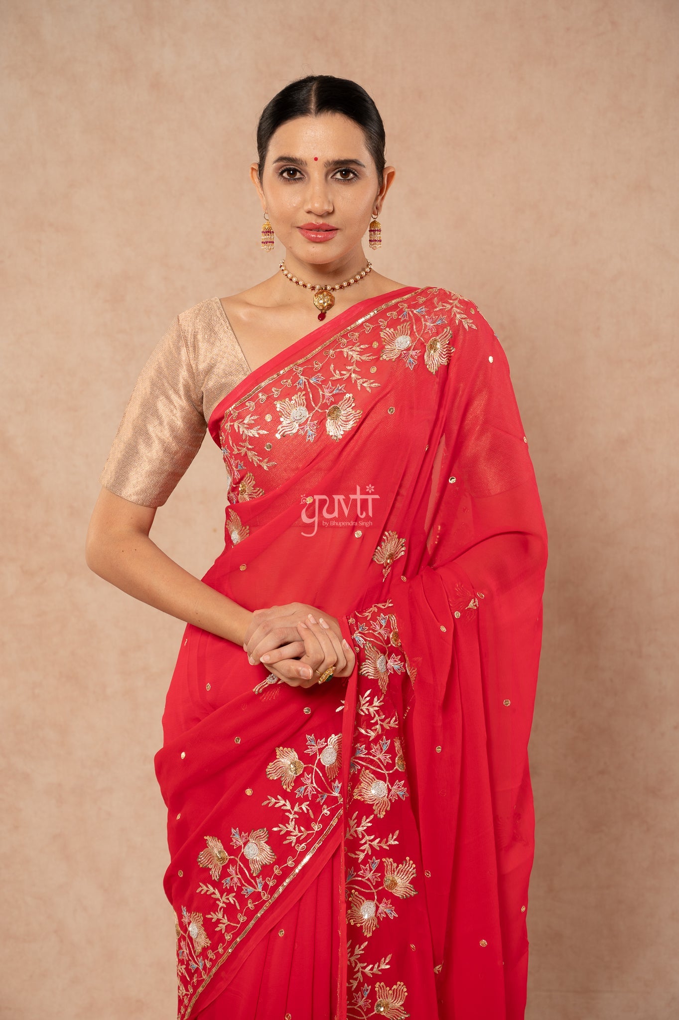 Red Shaded Pure Chiffon Aari Sequins Resham Border Butti handwork Party wear Saree  with Blouse