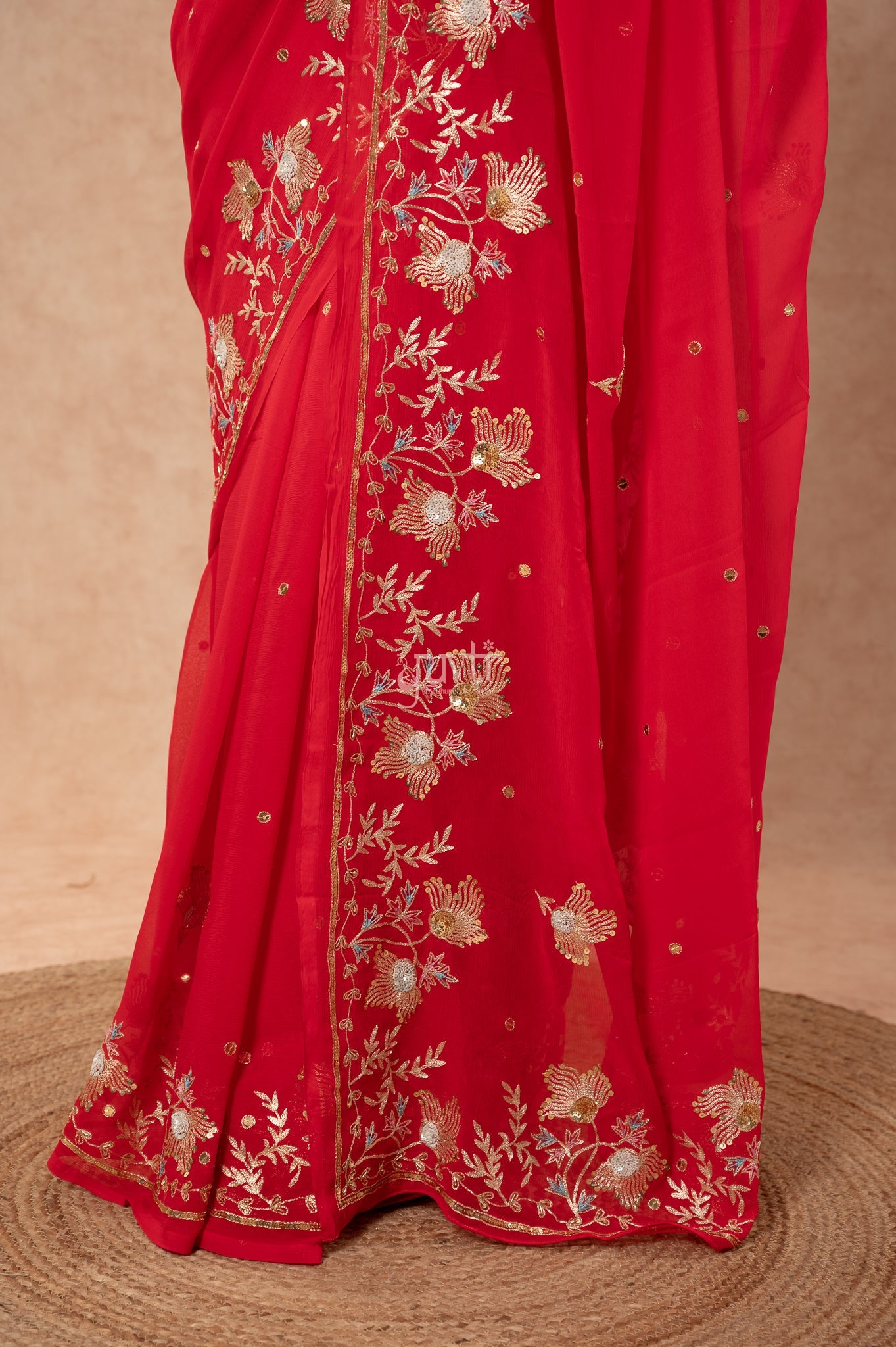 Red Shaded Pure Chiffon Aari Sequins Resham Border Butti handwork Party wear Saree  with Blouse