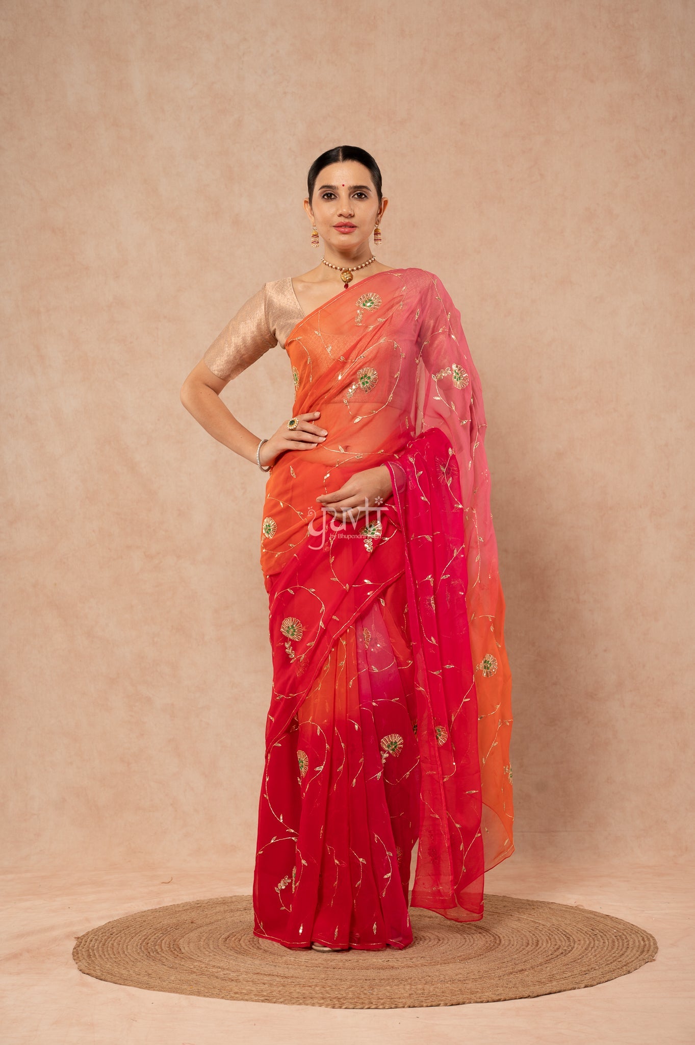Red Rani Orange Pink Viscose Chiffon Aari Sequins Resham   Handwork  Saree  with Blouse