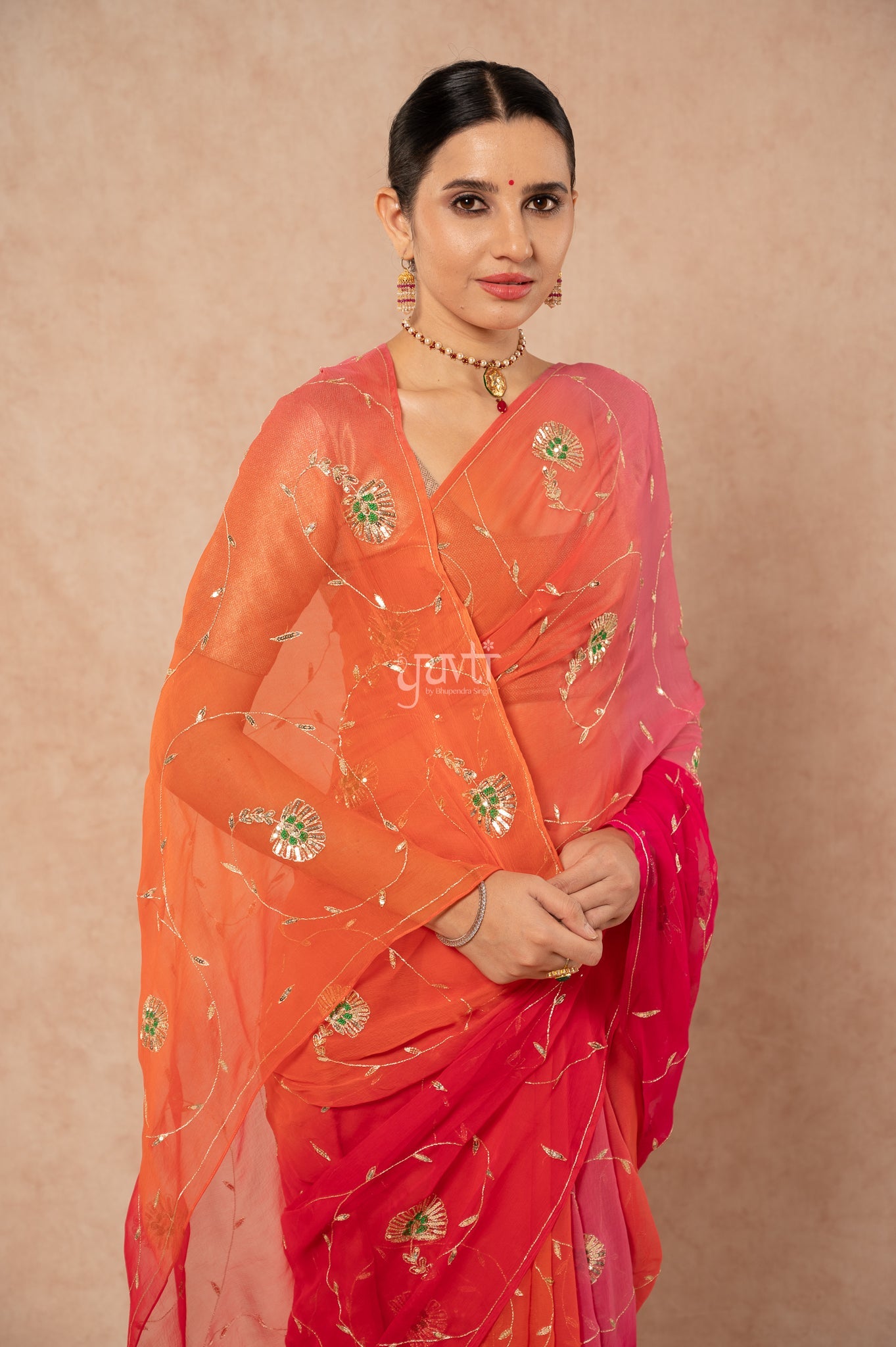 Red Rani Orange Pink Viscose Chiffon Aari Sequins Resham   Handwork  Saree  with Blouse