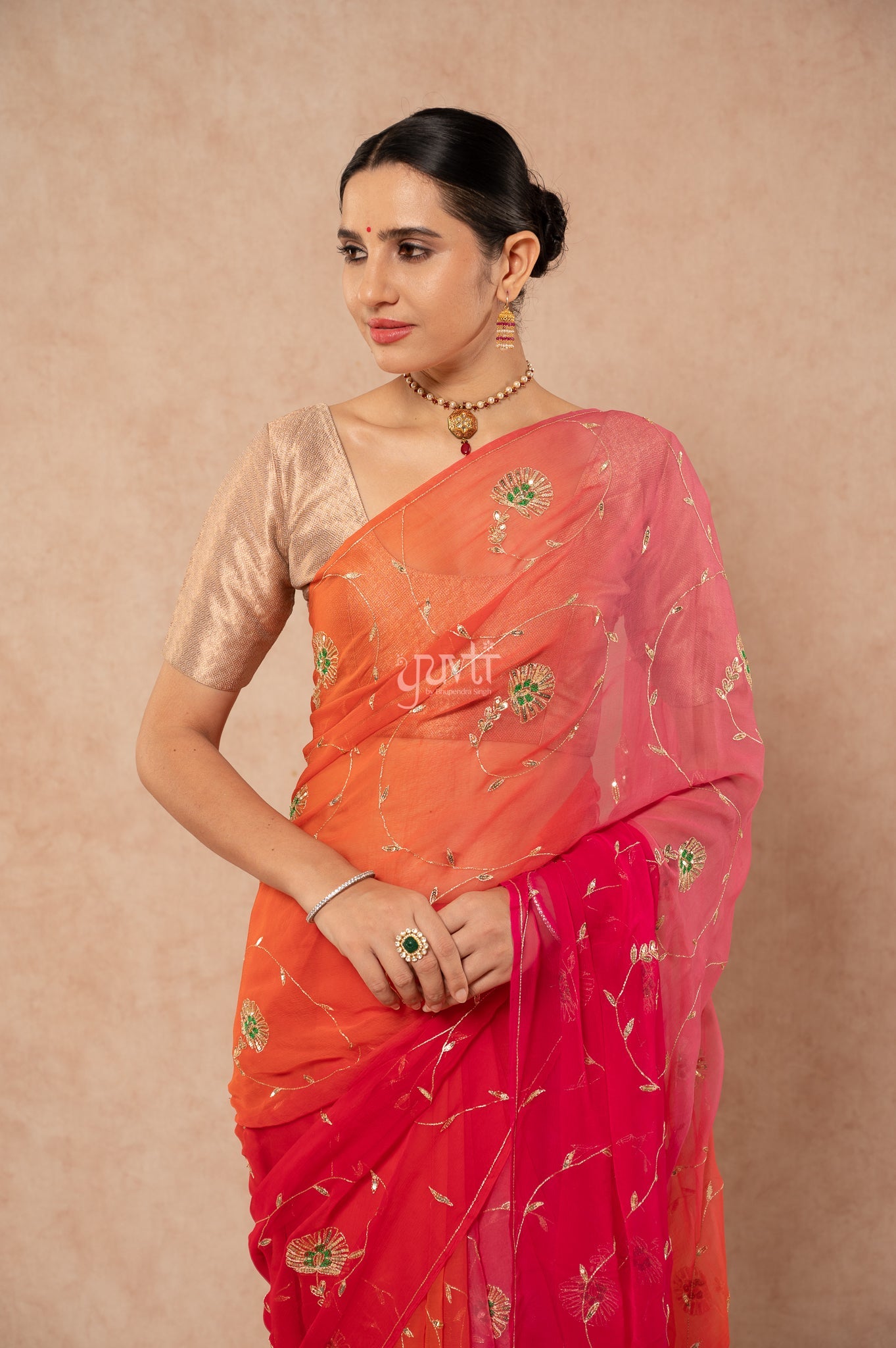 Red Rani Orange Pink Viscose Chiffon Aari Sequins Resham   Handwork  Saree  with Blouse