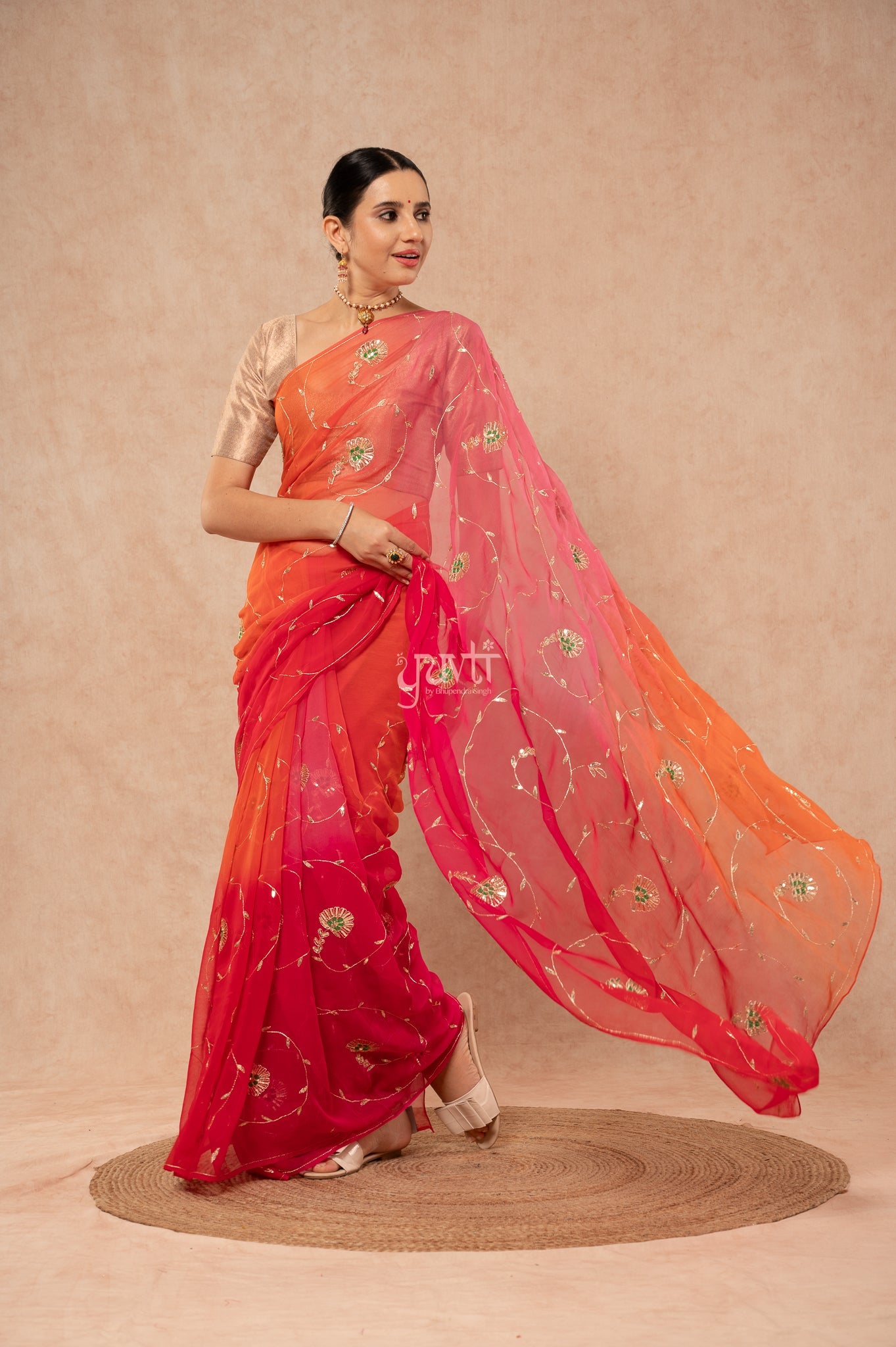 Red Rani Orange Pink Viscose Chiffon Aari Sequins Resham   Handwork  Saree  with Blouse