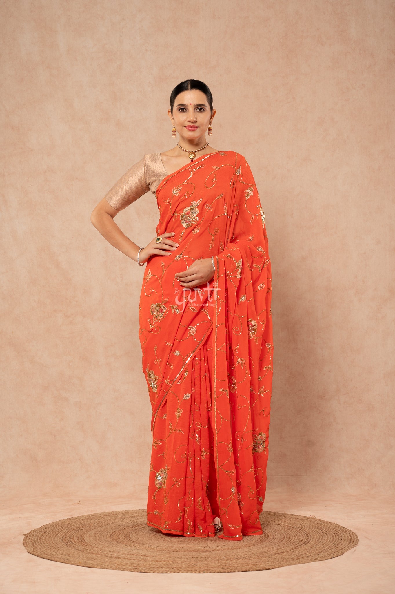 Orange Viscose Chiffon Aari Sequins jaal  Handwork  Saree  with Blouse