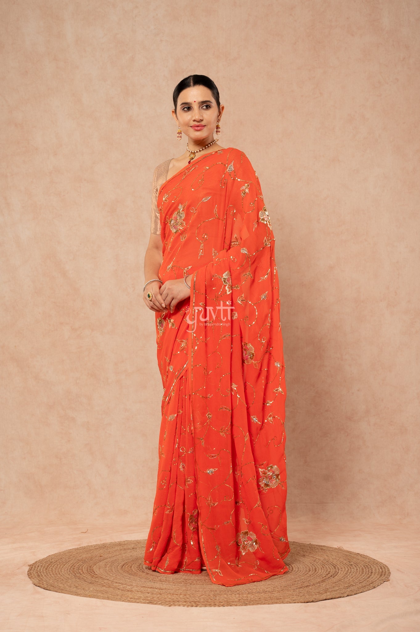 Orange Viscose Chiffon Aari Sequins jaal  Handwork  Saree  with Blouse