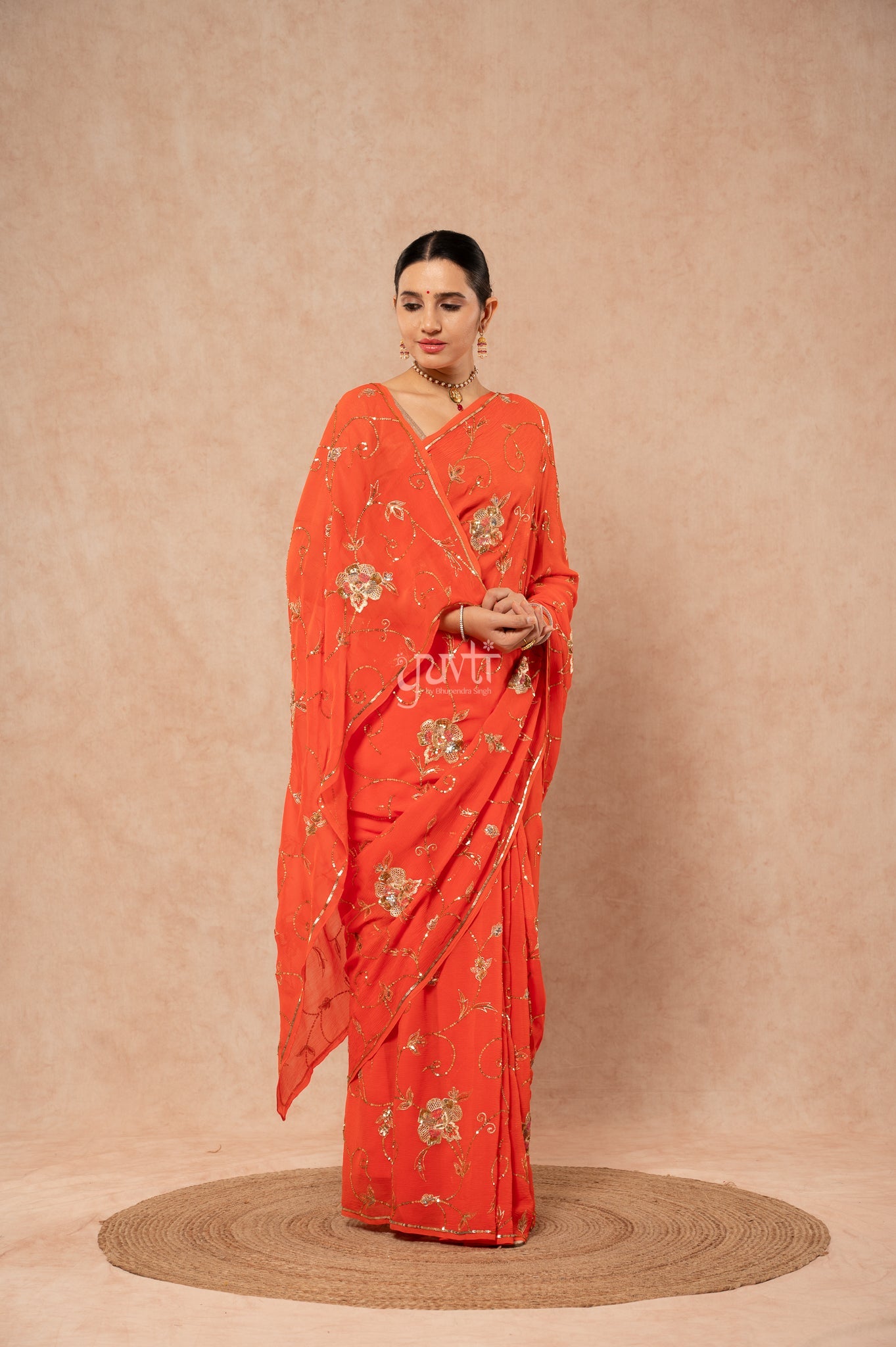 Orange Viscose Chiffon Aari Sequins jaal  Handwork  Saree  with Blouse