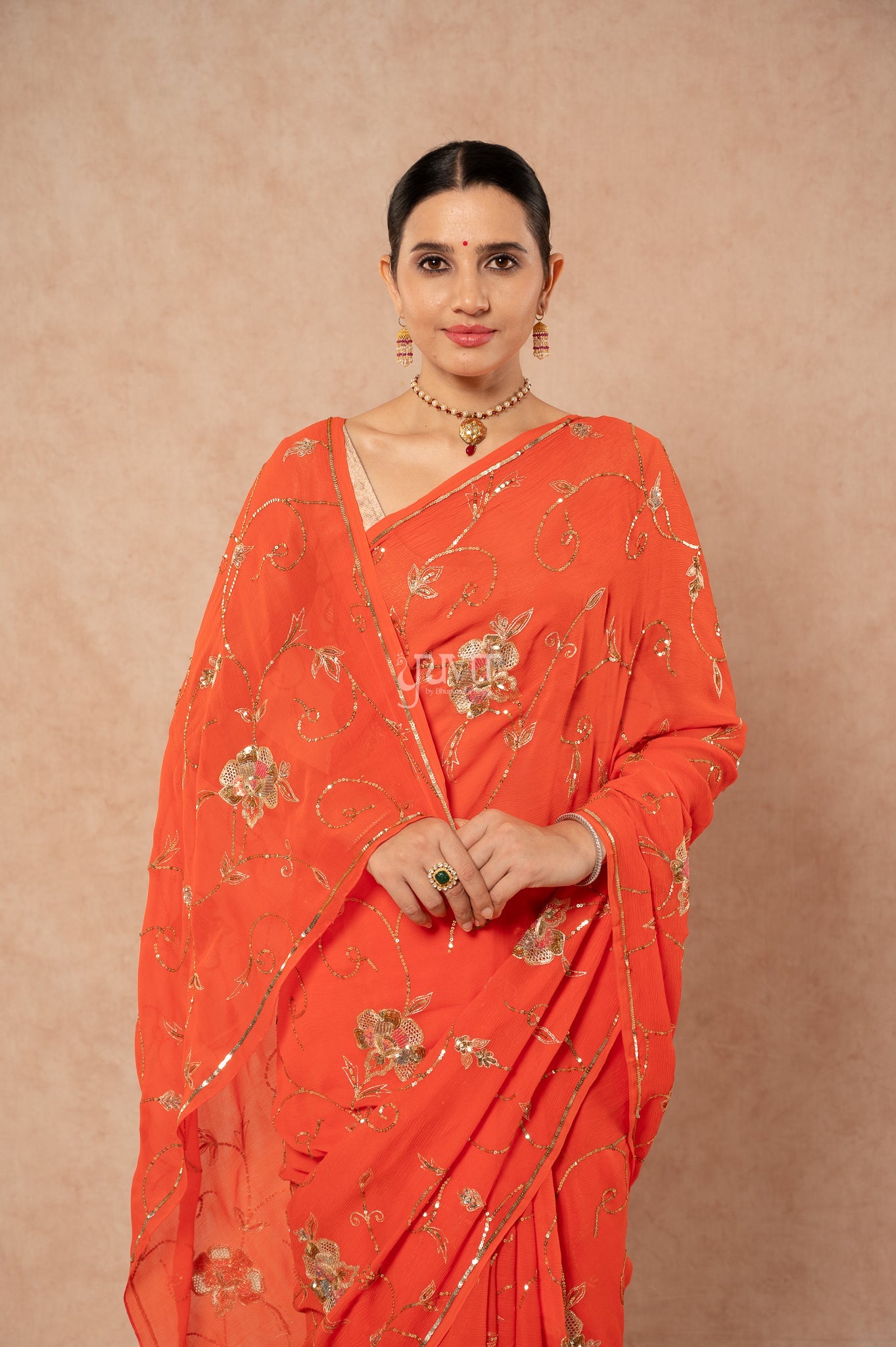 Orange Viscose Chiffon Aari Sequins jaal  Handwork  Saree  with Blouse