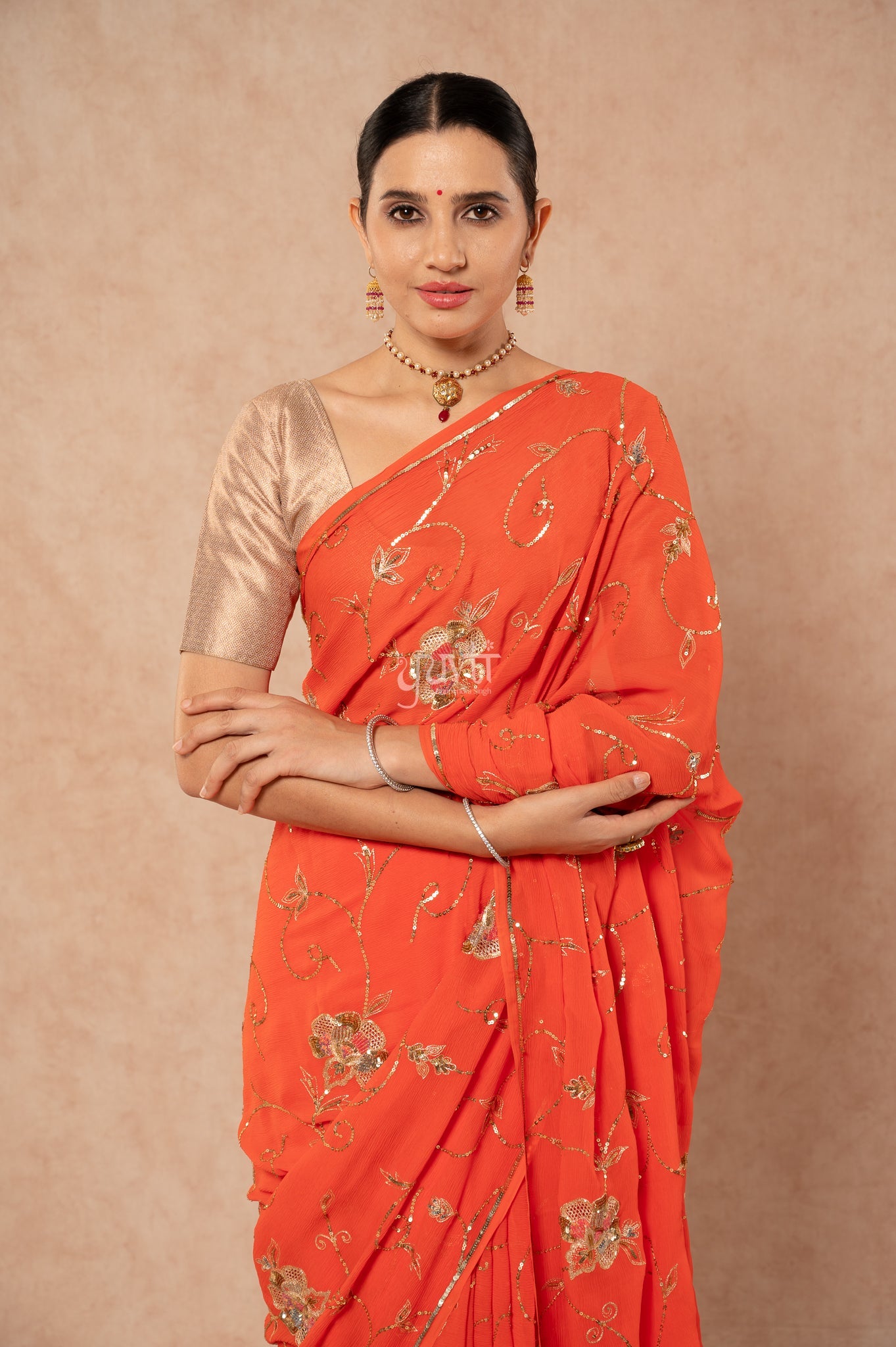 Orange Viscose Chiffon Aari Sequins jaal  Handwork  Saree  with Blouse