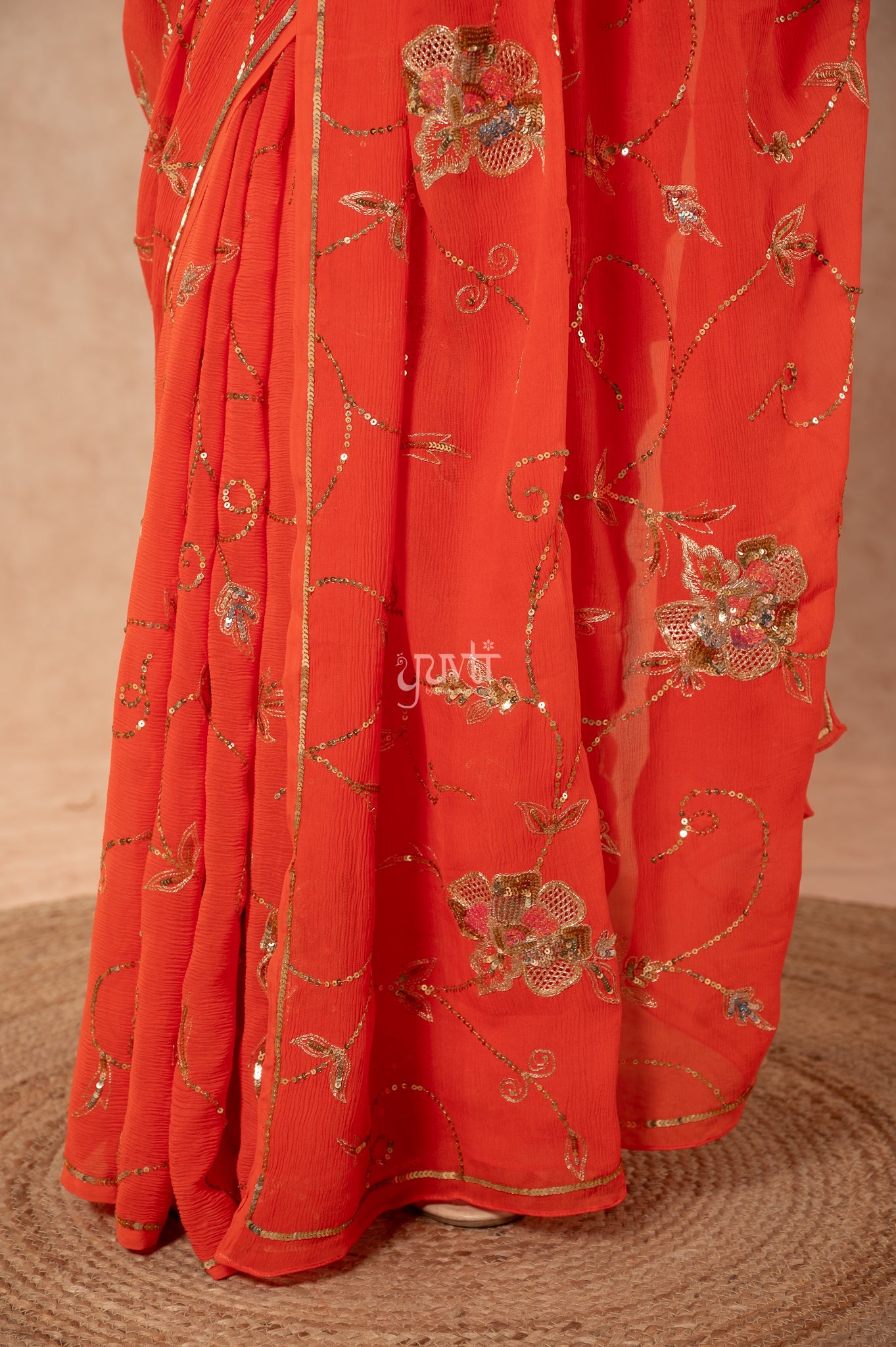 Orange Viscose Chiffon Aari Sequins jaal  Handwork  Saree  with Blouse