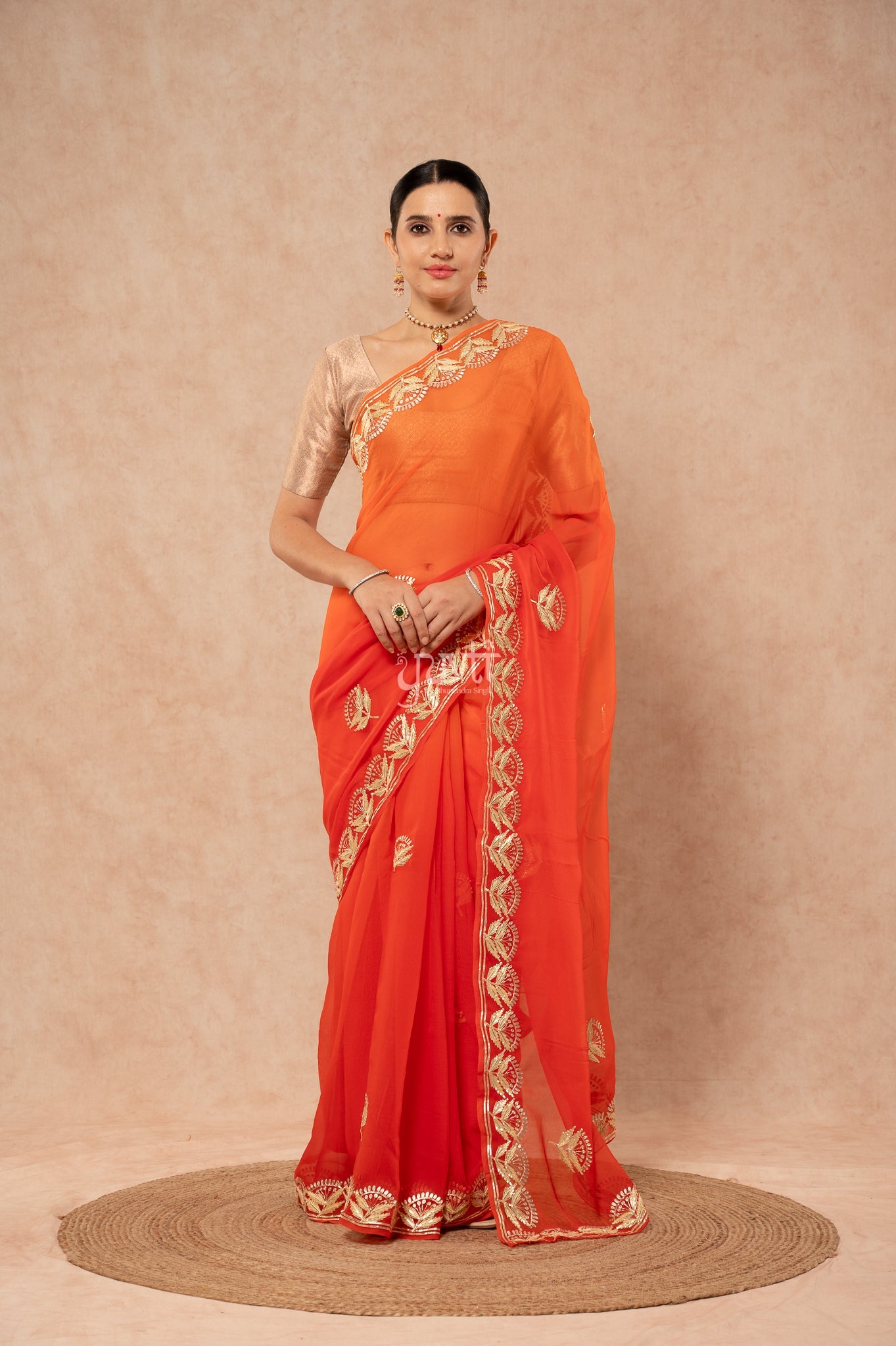 Orange Shaded Viscose Chiffon Sikhiya Gota Zari Border Butti   Saree  with Blouse