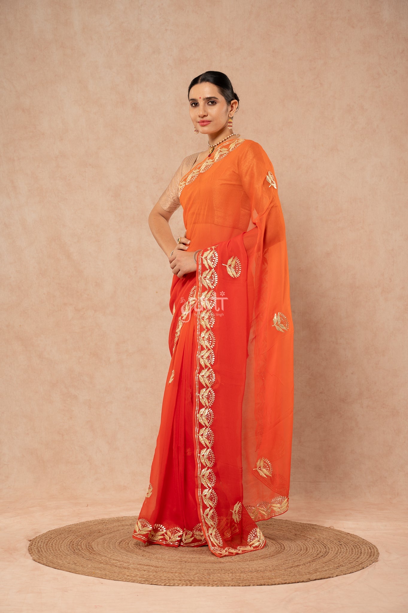 Orange Shaded Viscose Chiffon Sikhiya Gota Zari Border Butti   Saree  with Blouse