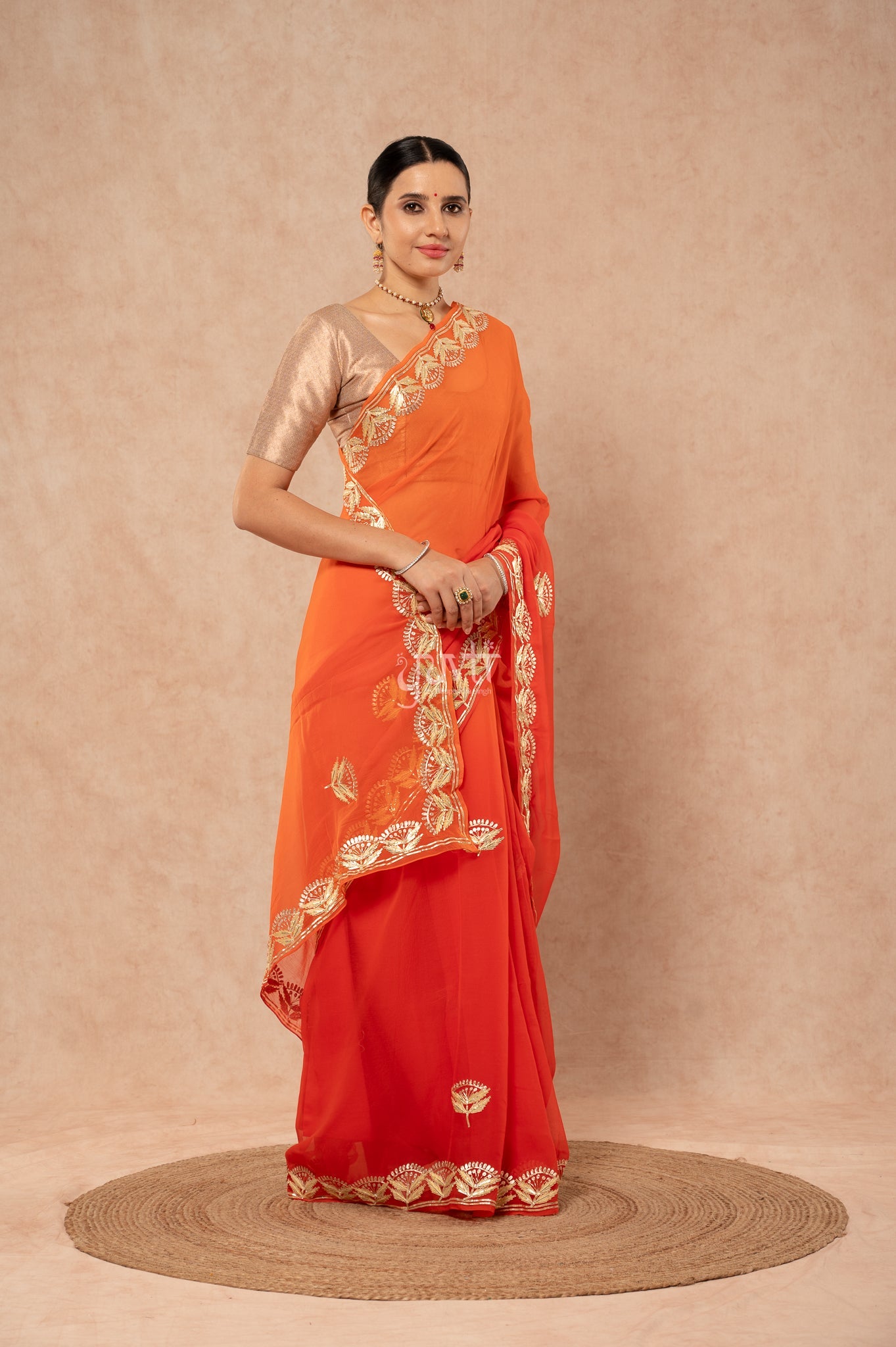 Orange Shaded Viscose Chiffon Sikhiya Gota Zari Border Butti   Saree  with Blouse