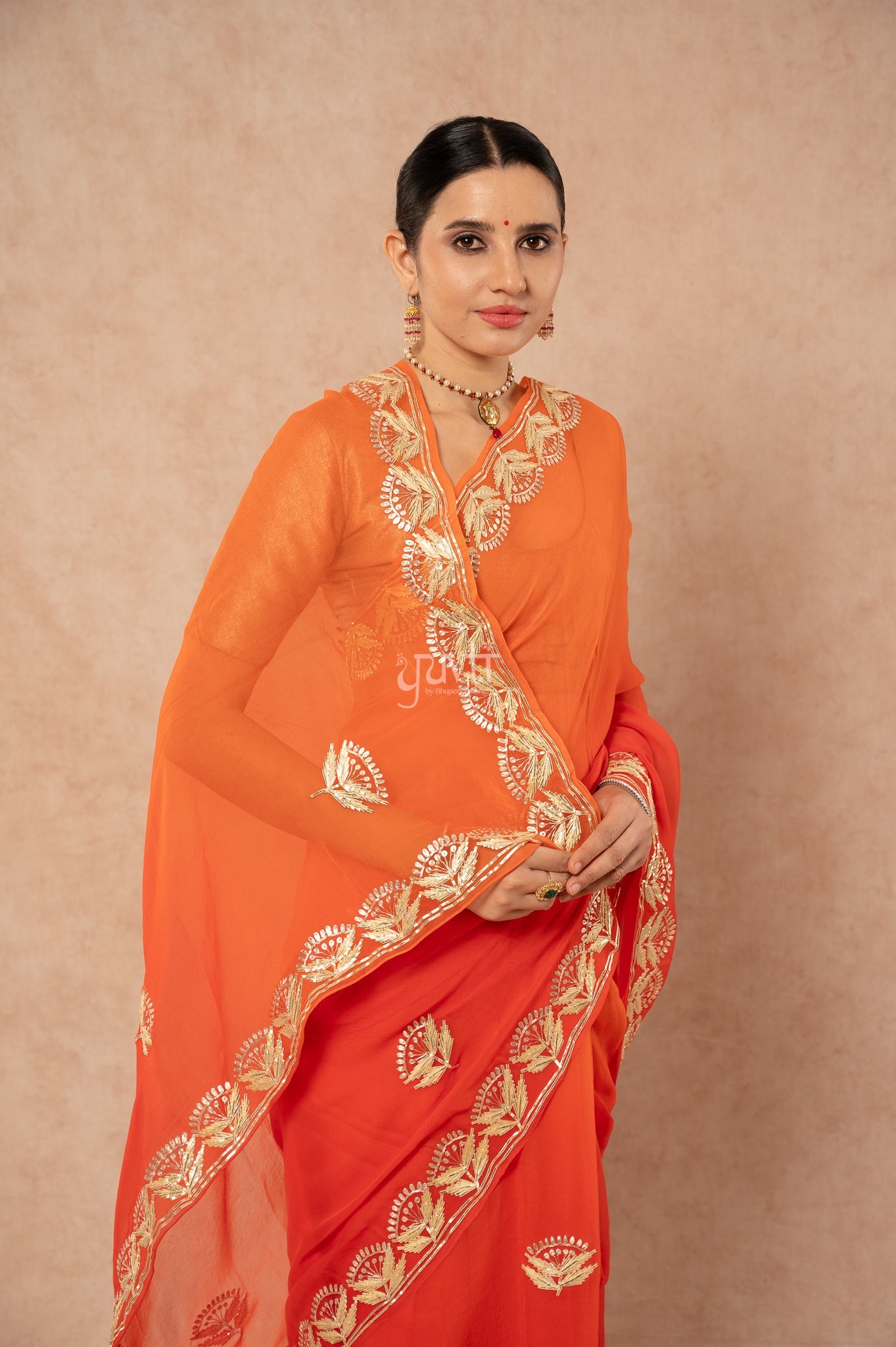 Orange Shaded Viscose Chiffon Sikhiya Gota Zari Border Butti   Saree  with Blouse