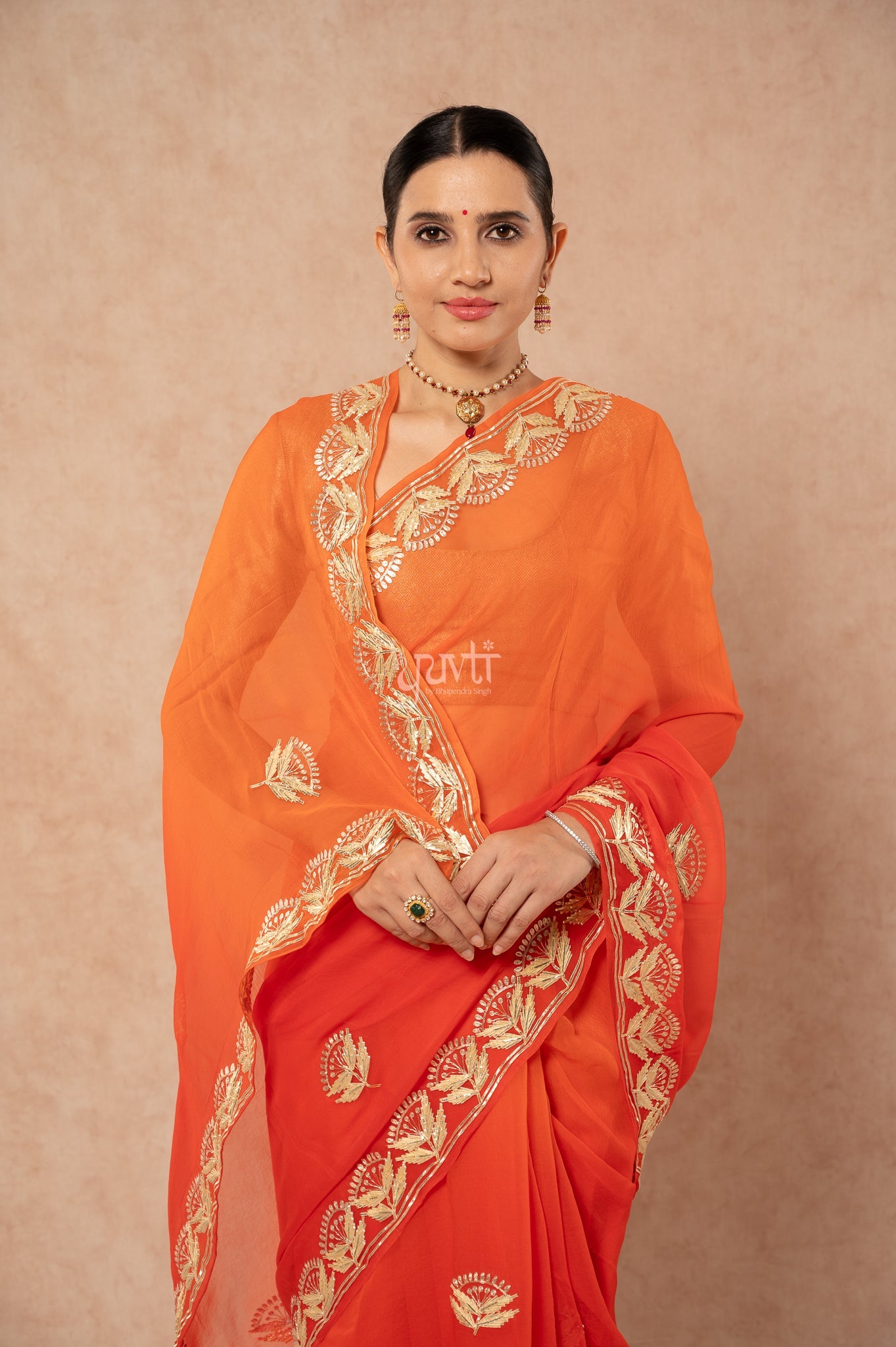 Orange Shaded Viscose Chiffon Sikhiya Gota Zari Border Butti   Saree  with Blouse