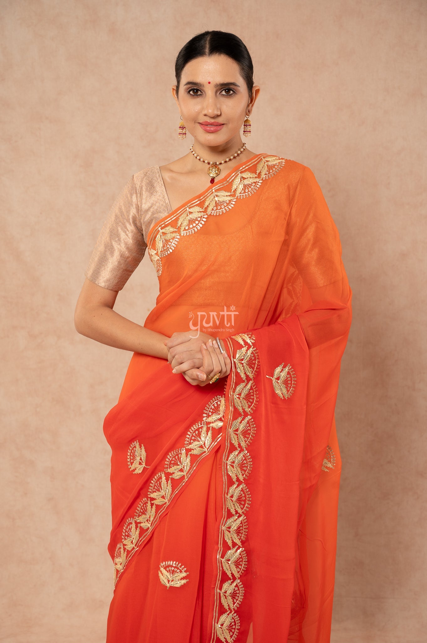 Orange Shaded Viscose Chiffon Sikhiya Gota Zari Border Butti   Saree  with Blouse