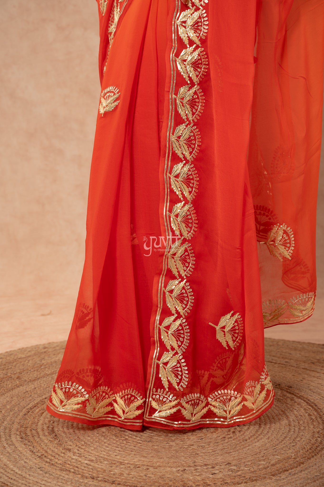Orange Shaded Viscose Chiffon Sikhiya Gota Zari Border Butti   Saree  with Blouse
