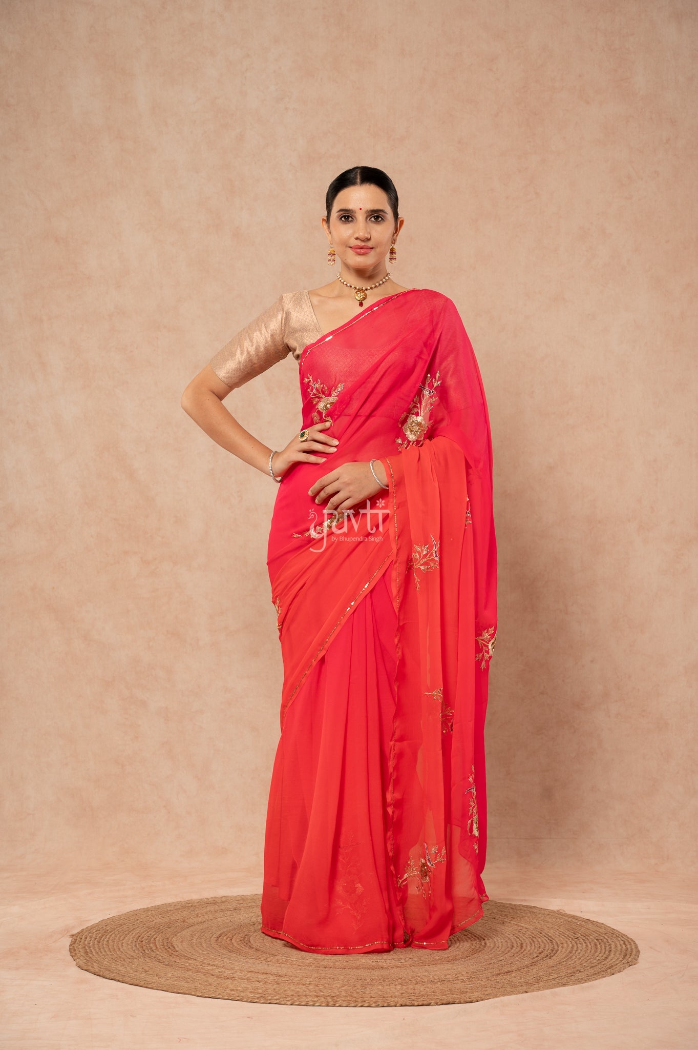 Orange Shaded Pure Chiffon Aari Sequins Kardana Motifs ( Butti ) Handwork Party wear Saree  with Blouse
