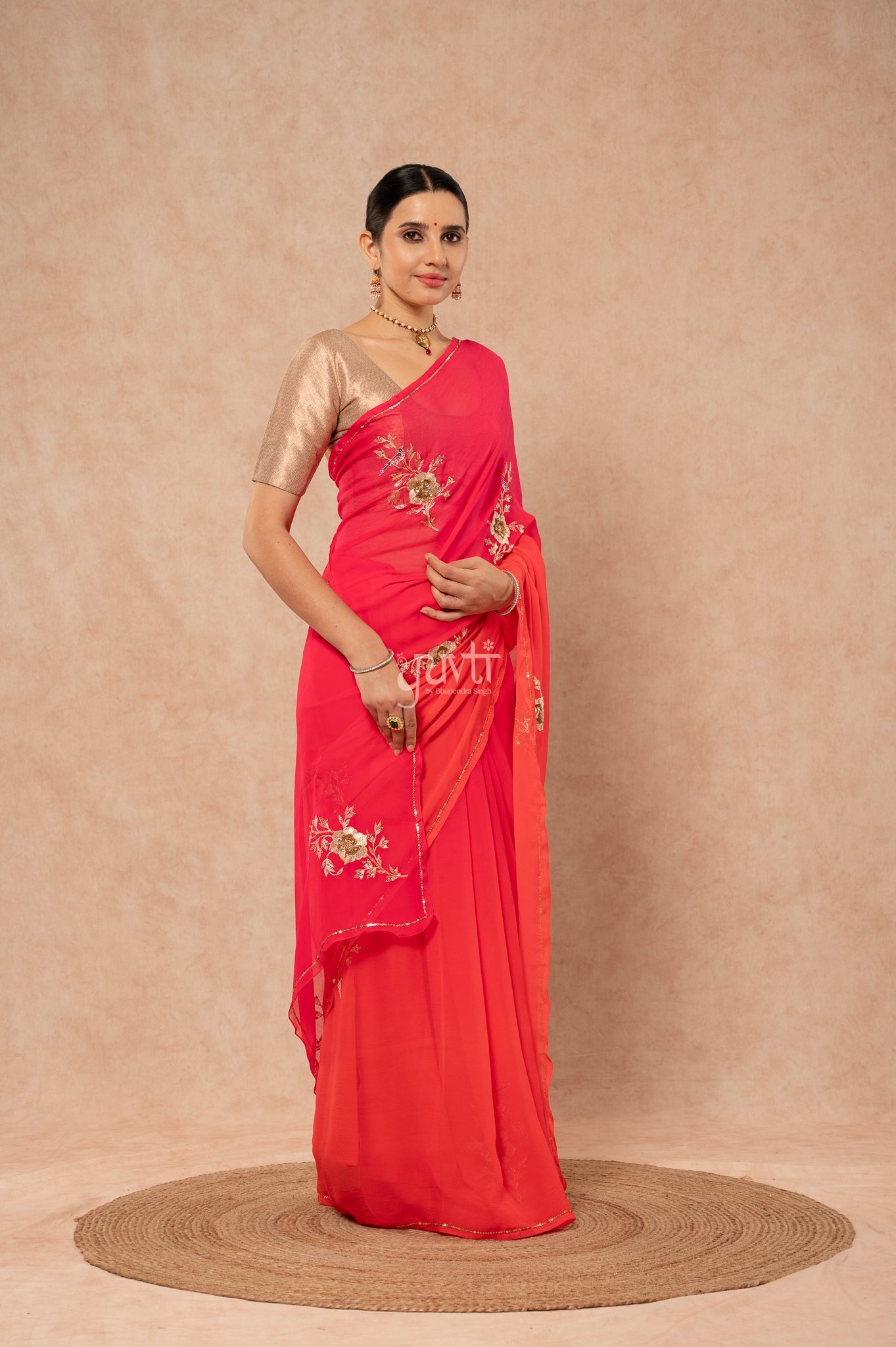 Orange Shaded Pure Chiffon Aari Sequins Kardana Motifs ( Butti ) Handwork Party wear Saree  with Blouse
