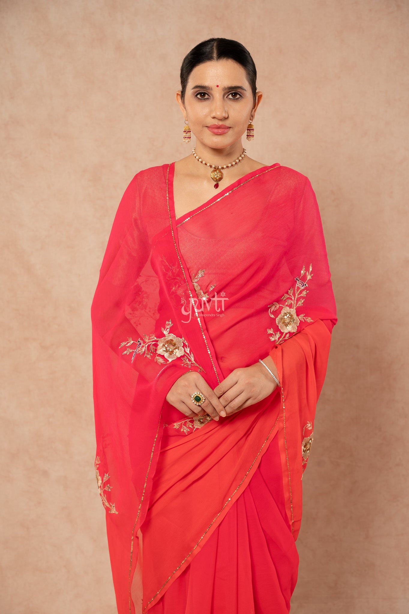 Orange Shaded Pure Chiffon Aari Sequins Kardana Motifs ( Butti ) Handwork Party wear Saree  with Blouse