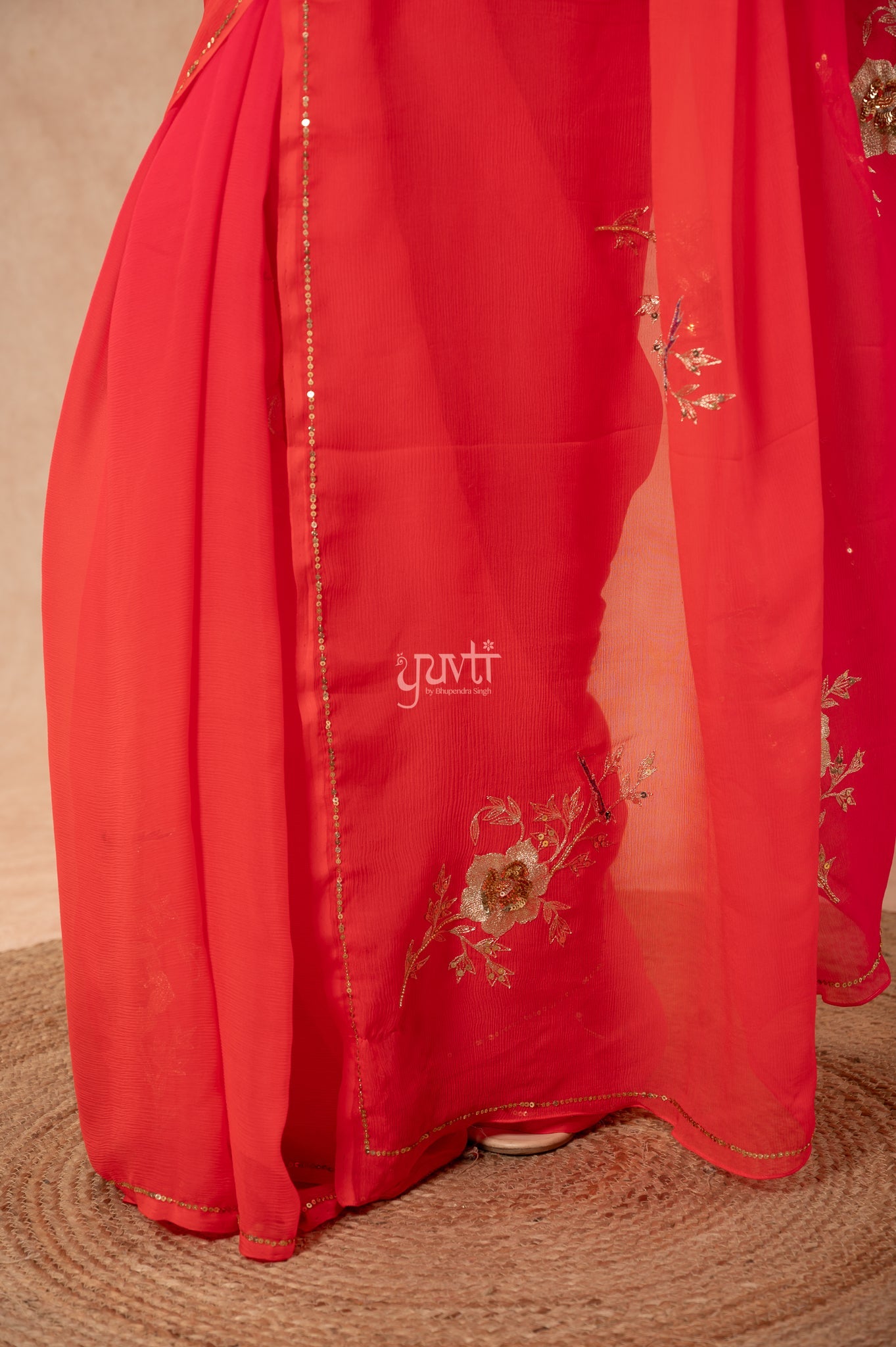 Orange Shaded Pure Chiffon Aari Sequins Kardana Motifs ( Butti ) Handwork Party wear Saree  with Blouse