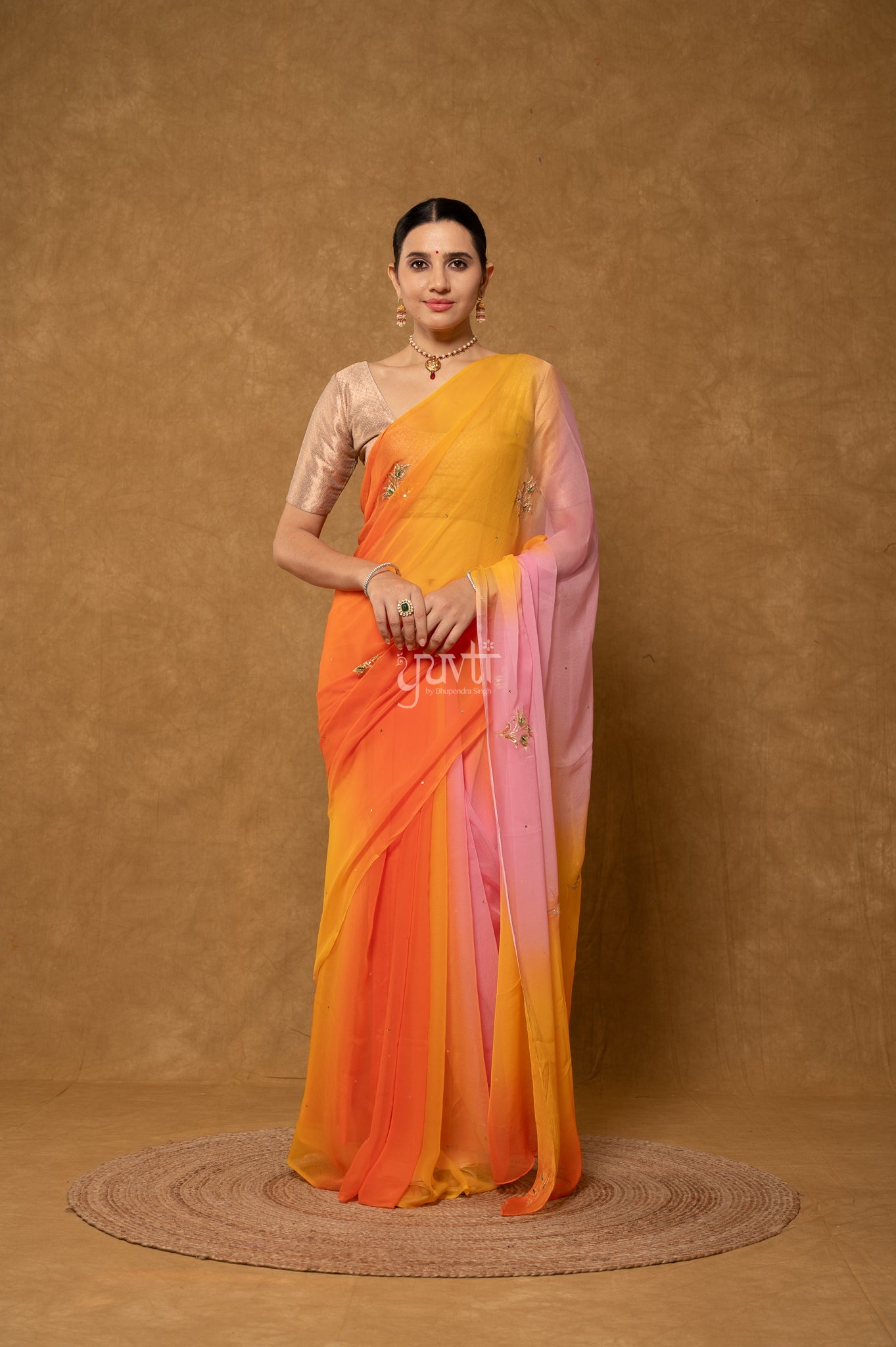 Yellow Orange Pink Multi Viscose Chiffon Aari Sequins Motifs ( Butti ) Handwork  Saree  with Blouse