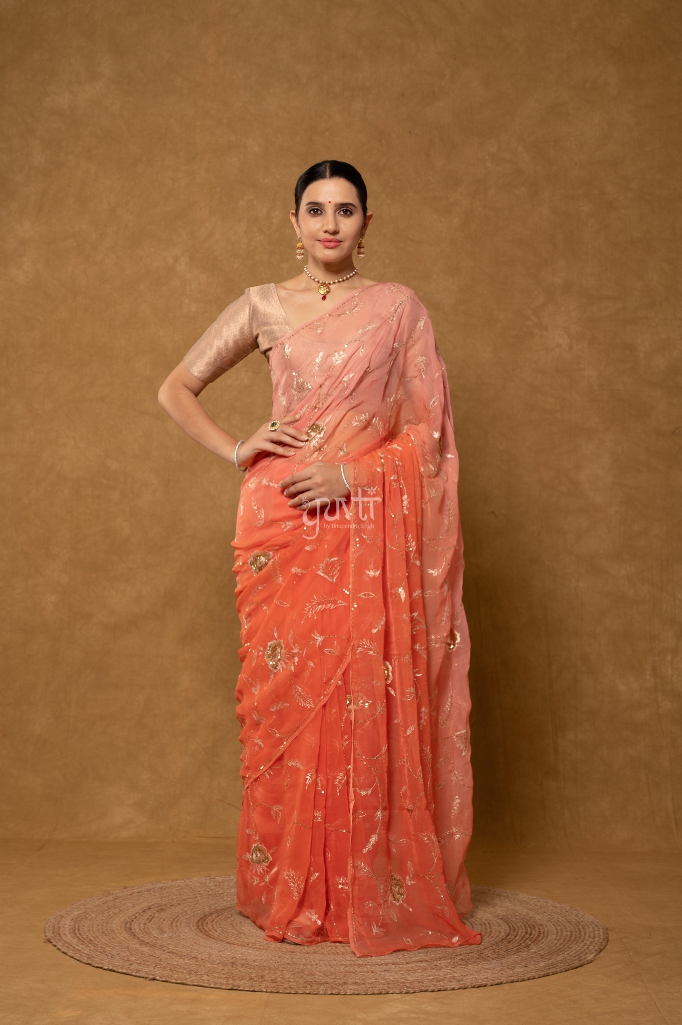 Peach Pink Viscose Chiffon Aari Sequins Jaal Handwork Party Wear Saree  with Blouse