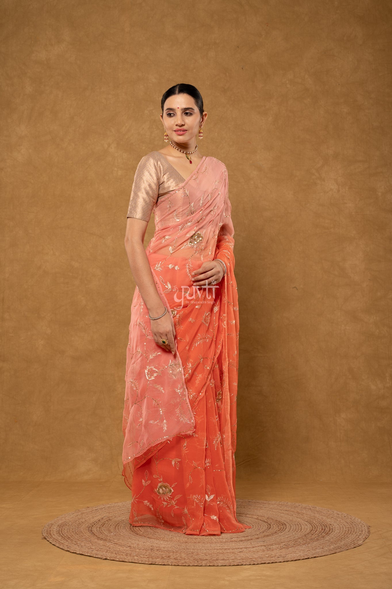 Peach Pink Viscose Chiffon Aari Sequins Jaal Handwork Party Wear Saree  with Blouse