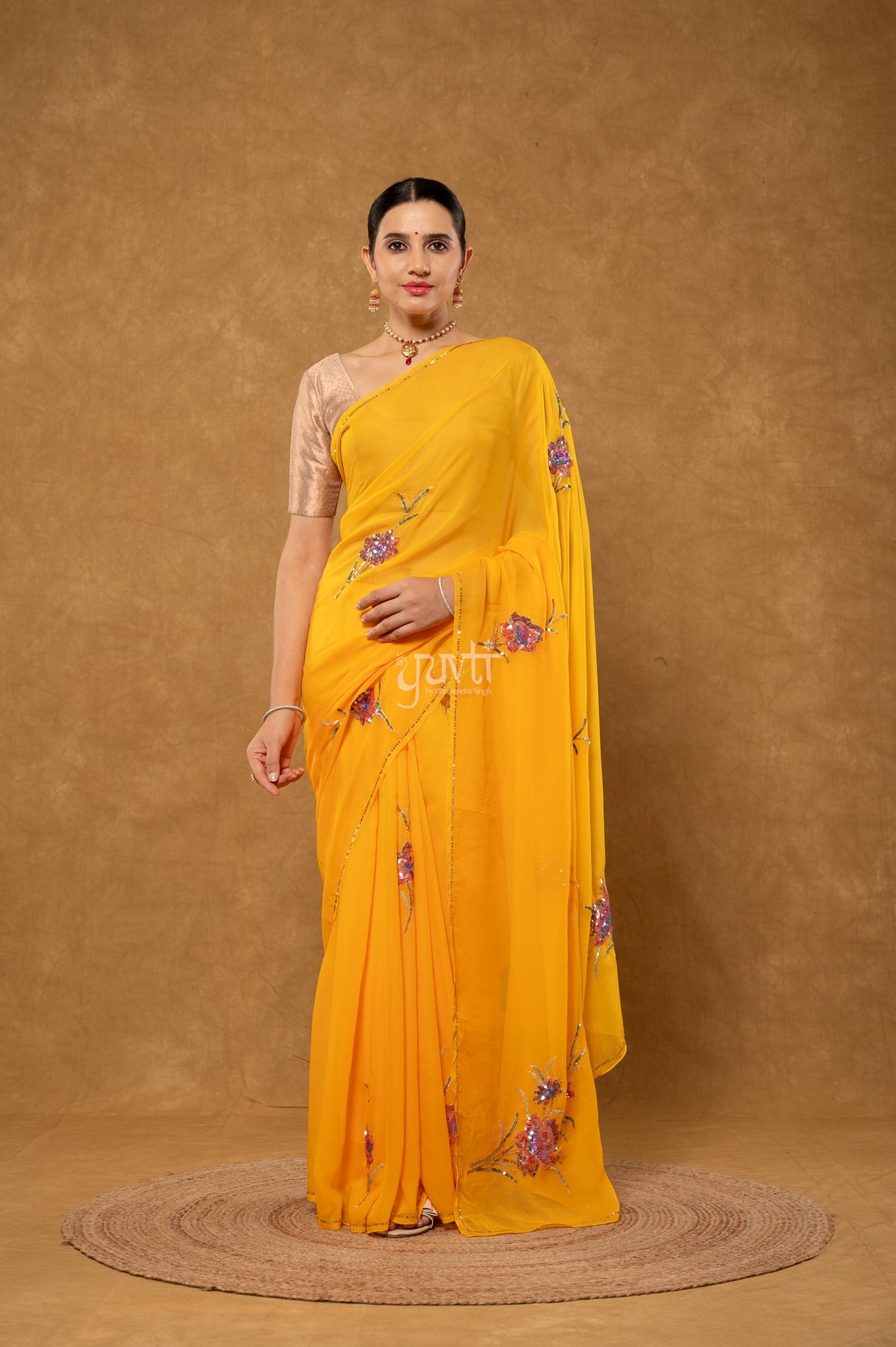 Yellow Shaded Pure Chiffon Aari Sequins Motifs ( Butti ) Handwork Party wear Saree  with Blouse