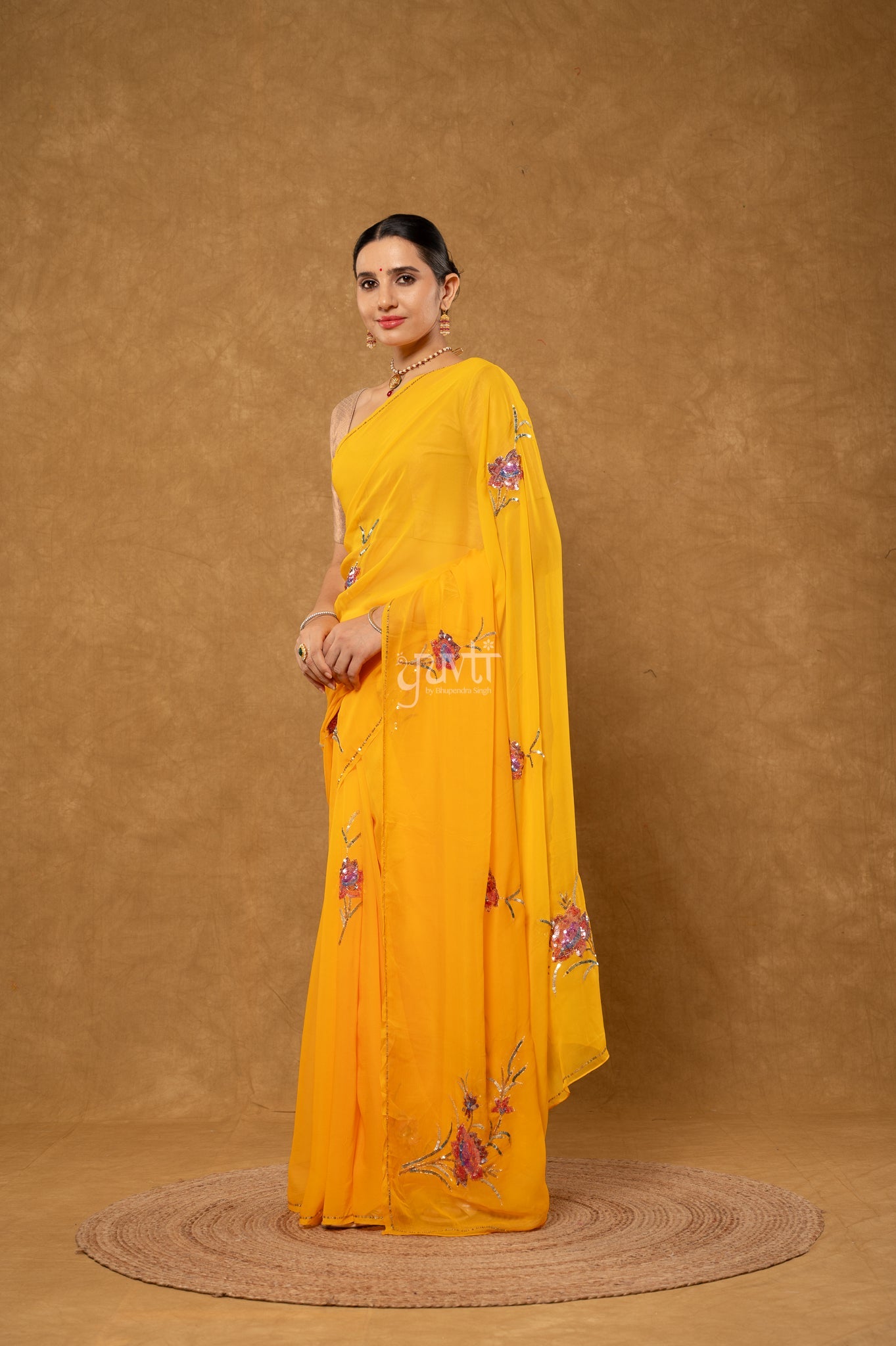 Yellow Shaded Pure Chiffon Aari Sequins Motifs ( Butti ) Handwork Party wear Saree  with Blouse