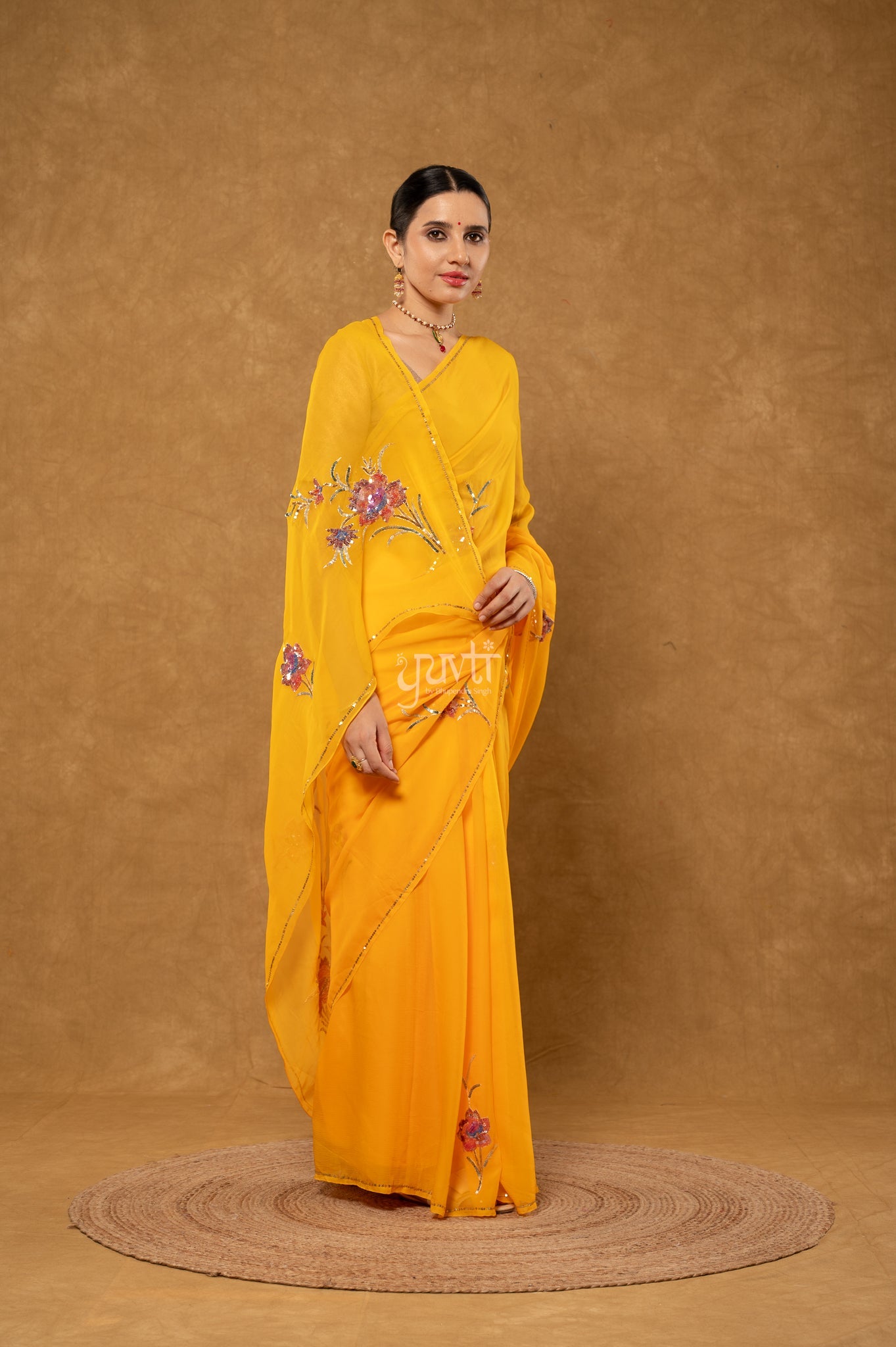 Yellow Shaded Pure Chiffon Aari Sequins Motifs ( Butti ) Handwork Party wear Saree  with Blouse