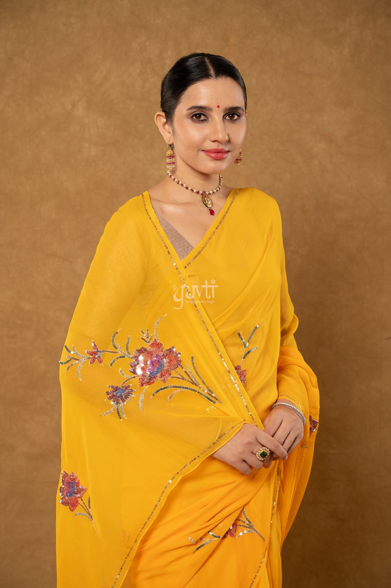 Yellow Shaded Pure Chiffon Aari Sequins Motifs ( Butti ) Handwork Party wear Saree  with Blouse