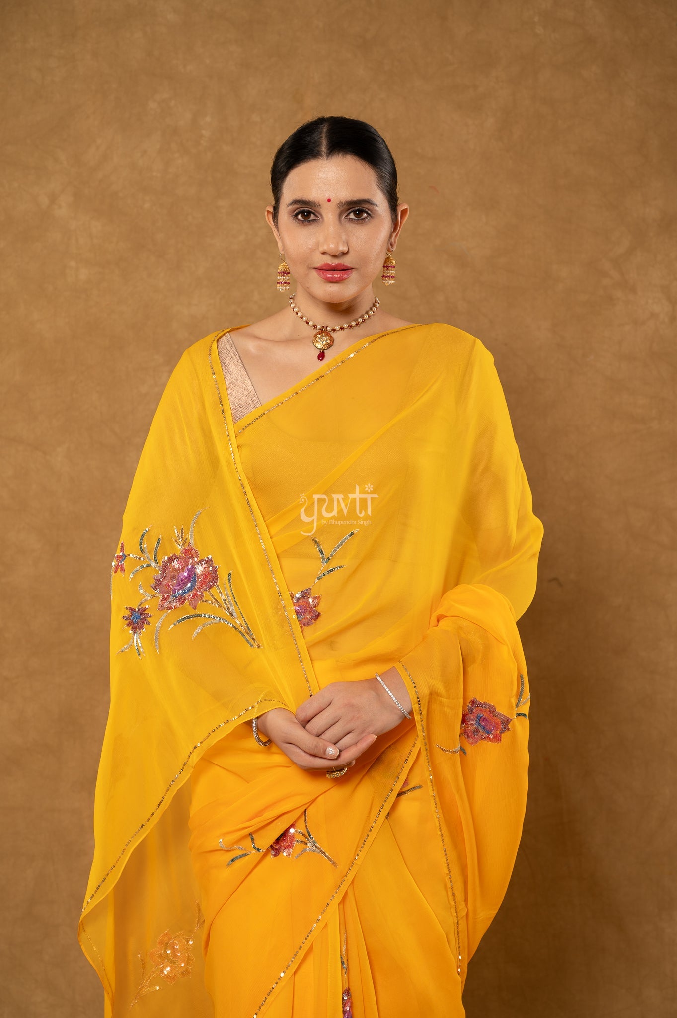 Yellow Shaded Pure Chiffon Aari Sequins Motifs ( Butti ) Handwork Party wear Saree  with Blouse