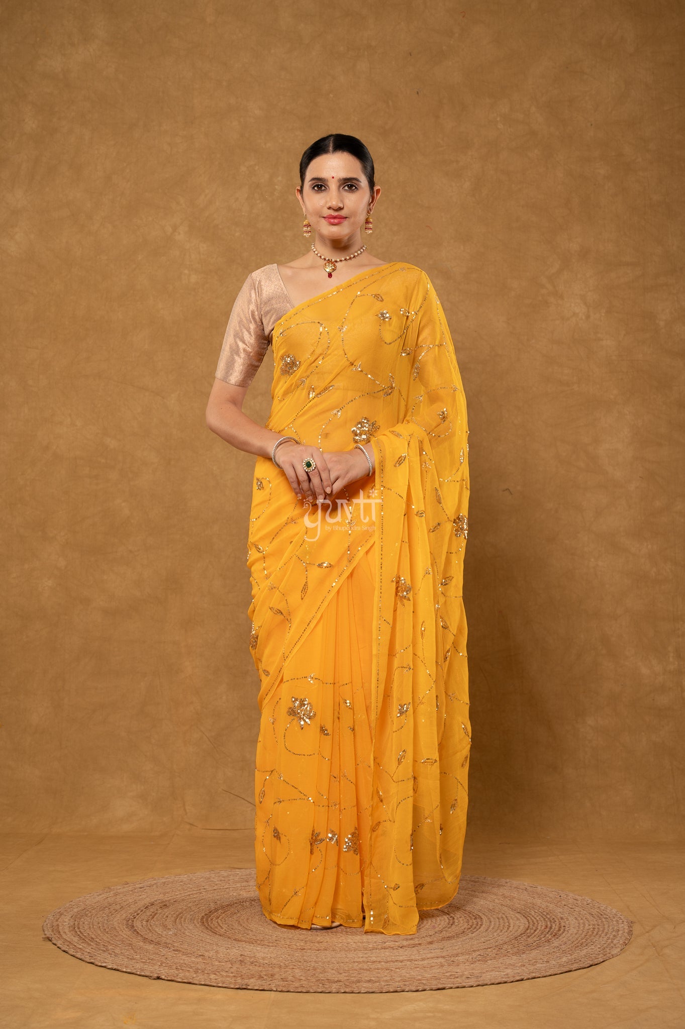Yellow Viscose Chiffon Sequins Jaal Handwork Party Wear Saree  with Blouse